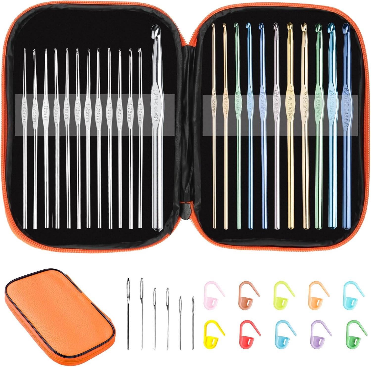Tomorotec 41Pcs Multi-Color Metallic Crochet Hooks Set, Art Aluminum Knitting Needles for Yarn Craft Set with Sylish Storage Bag, Stitch Markers and Big Eye Needles
