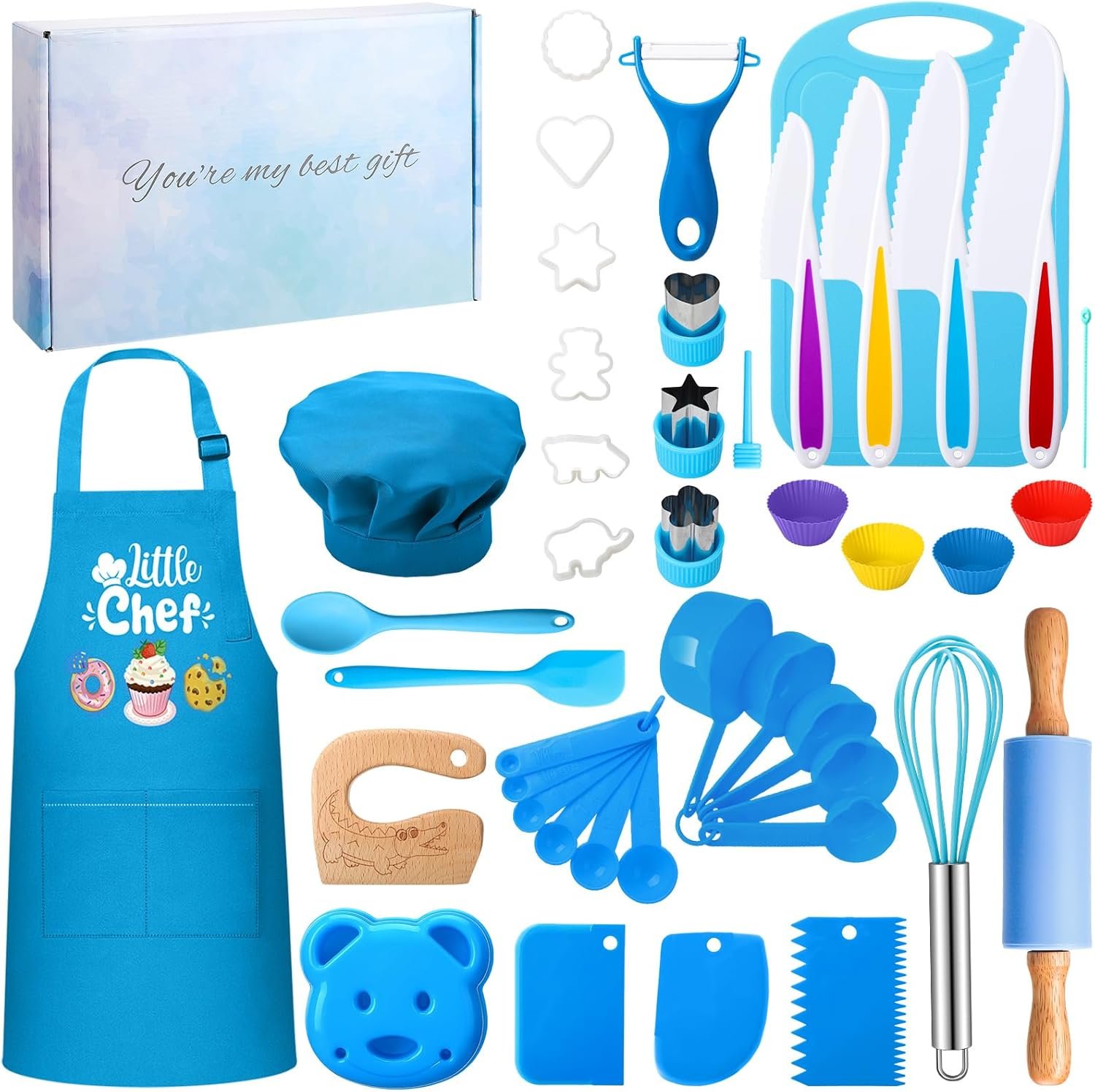 45 Pcs Kids Cooking Set Real with Gift Box Baking Set Kitchen Tools for Girls Boys,Real Knife, Baking Set, Pots & Pans, Pretend Play Toys – Apron & Chef Hat Great for Role Play