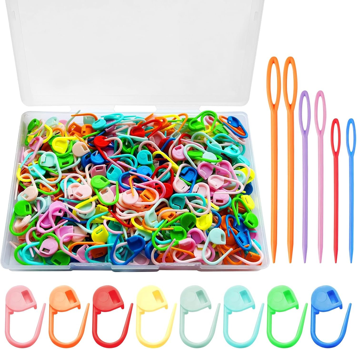 300pcs Stitch Markers with 6 Large Eye Blunt Needles, Crochet Stitch Markers,Colorful Plastic Knitting Stitch Markers,Crochet Locking Clips with Storage Box for Weaving DIY Crafts（Mix Color）