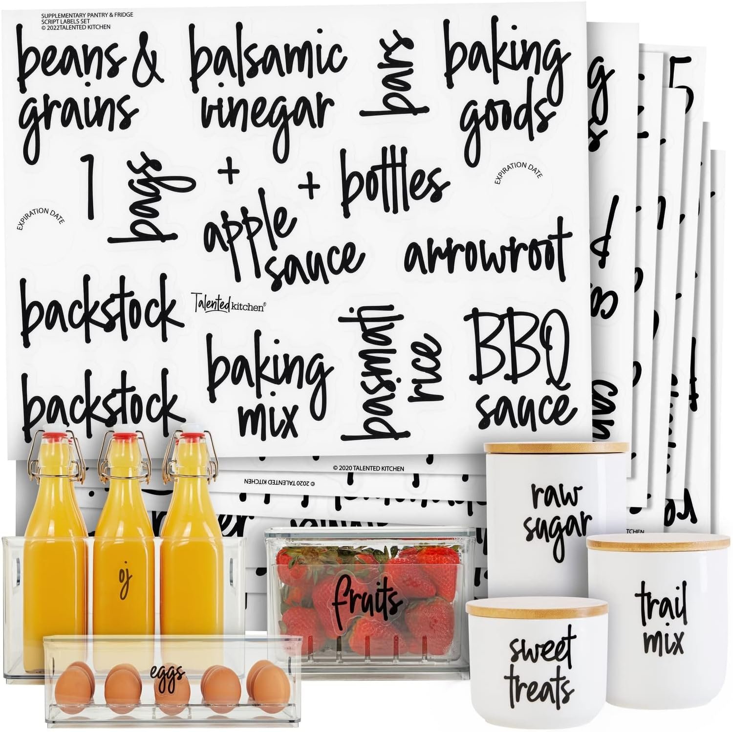 Talented Kitchen 158 Food Container Labels – Durable Waterproof Adhesive – Clear Script Sticker Design for Pantry & Fridge – Freezer Labels & Symbol Stickers – Clear & Black Laminated Paper