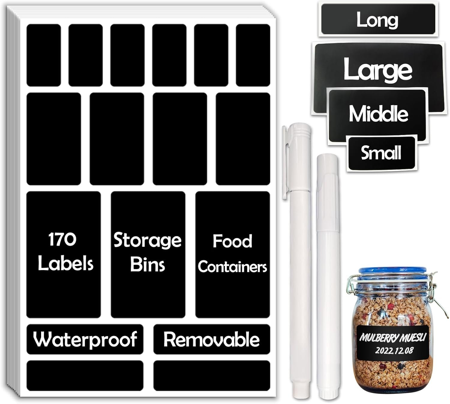 JIEHENG 170Pcs Black Removable Labels for Jars,for Storage Bins,for Food Containers with 2 Liquid Chalk Marker(Black)
