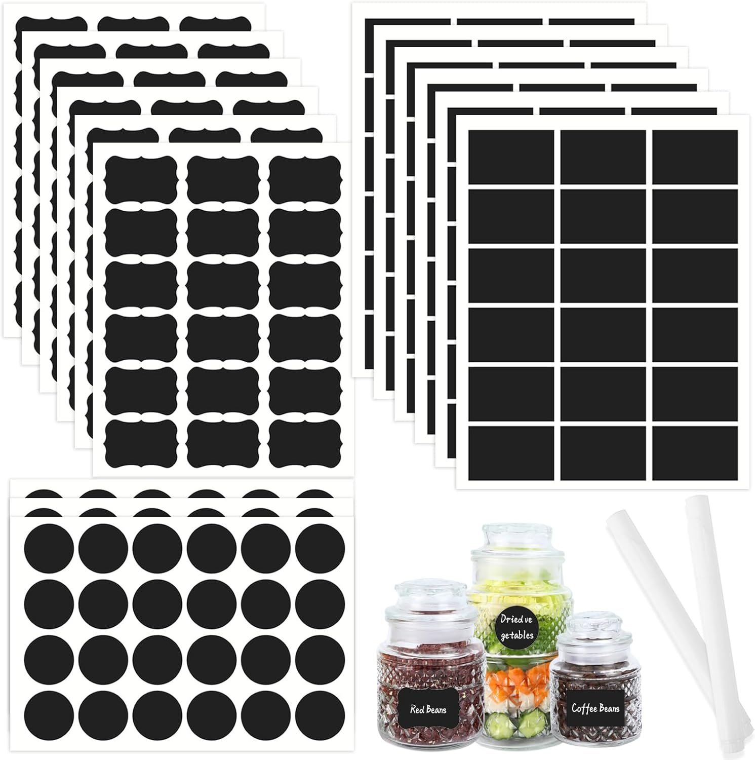290 pcs Chalkboard Labels,Removable Blackboard Label Stickers,3 Assorted Shapes,with 2 White Chalk Marker,Erasable Reusable Waterproof Label for Storage Bin,Food Container,Mason Jars,Jars