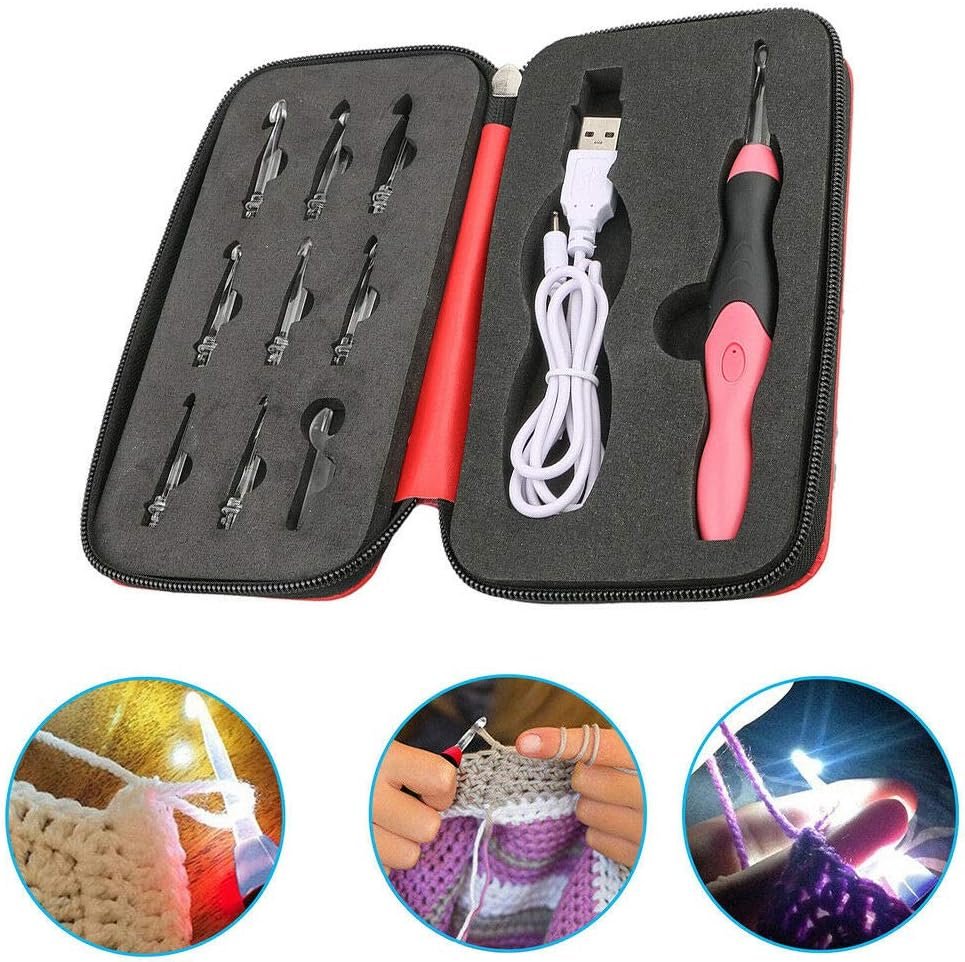 Paddsun Lighted Crochet Hook Set, 9 in 1 Rechargeable Ergonomic Crochet Hook Set with Zip Case Light Up Knitting Needles Kit Weave Sewing Tool Accessories