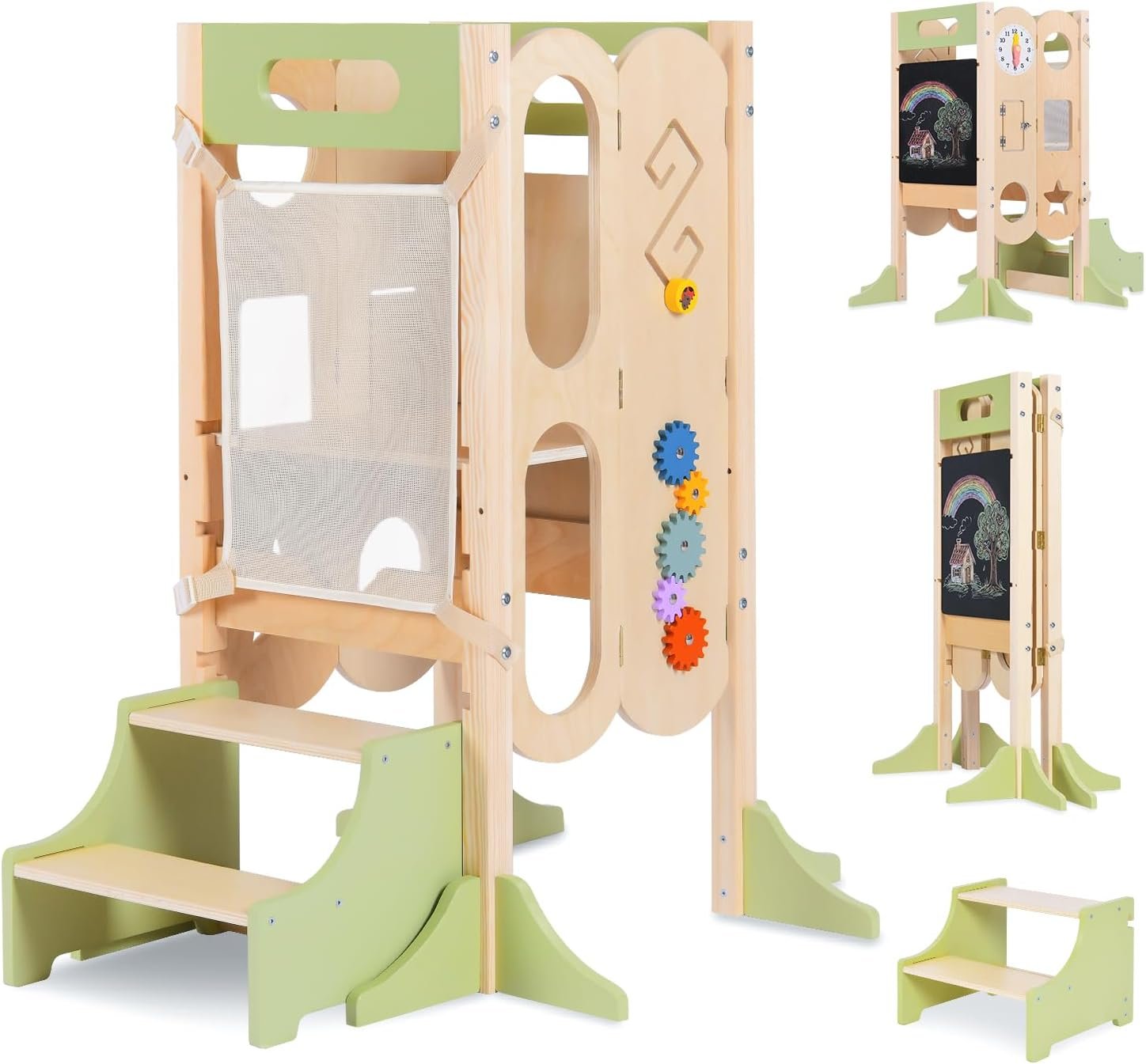 6 in 1 Toddler Tower with Removable Ladder, Foldable Wooden Kitchen Step Stool for Kids, Adjustable Children Helper Tower for Baby, Standing Tower with Safety Equipment and Black Board