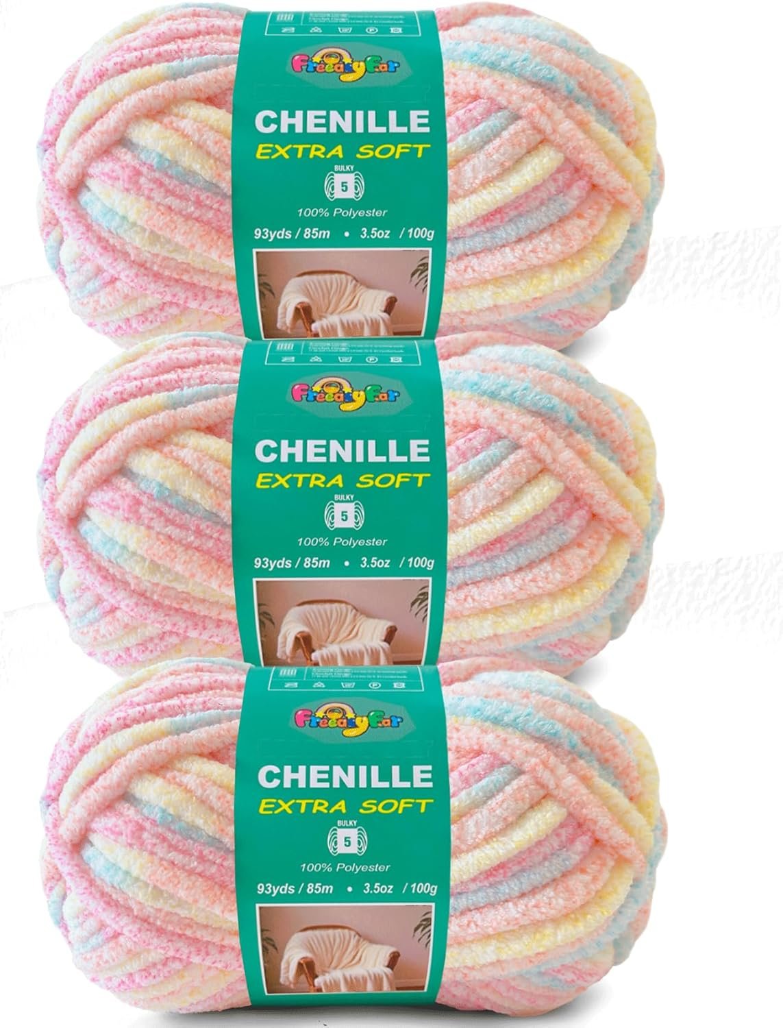 Super Soft Velvet Chenille Yarn for Crocheting and Knitting-Easy to Crochet-Bulky, 3.5oz/93yds of Each Skein-Chunky Plush Yarn for Hand Craft Blanket Ammigurumi DIY (Pastel Rainbow, 3 Pack)