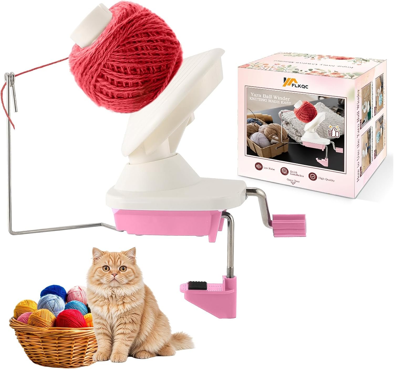 FLKQC Yarn Ball Winder, Hand-Operated Yarn Ball Winder Swift Yarn Winder, Needlecraft Yarn Ball Winder Hand-Operated (Pink)