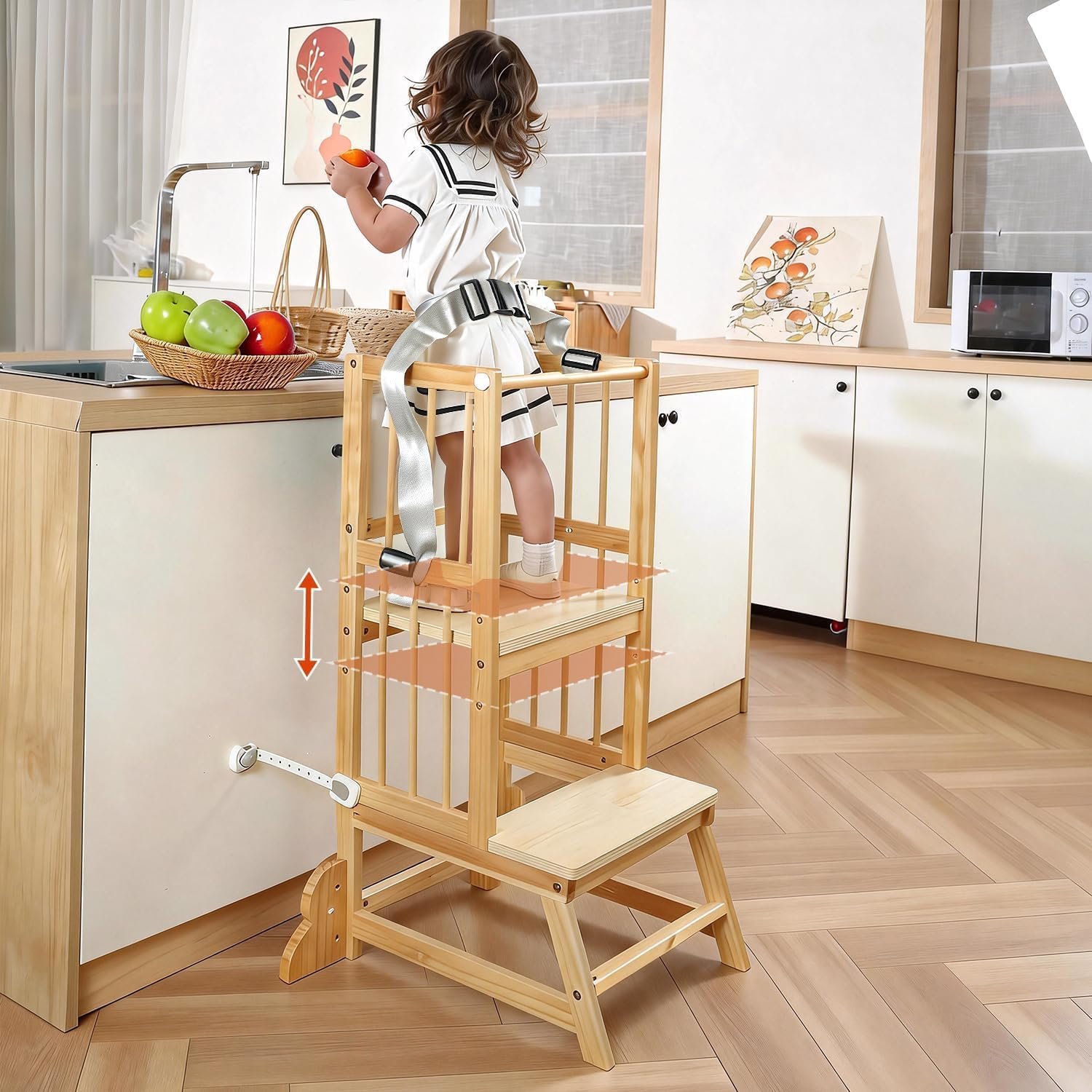Toddler Tower, Kids Kitchen Step Stool with Safety Rails, Toddler Standing Tower Adjustable Height, Wooden Kitchen Stool for Kids, for Living Room Countertops and Bathroom Sinks(Natural)