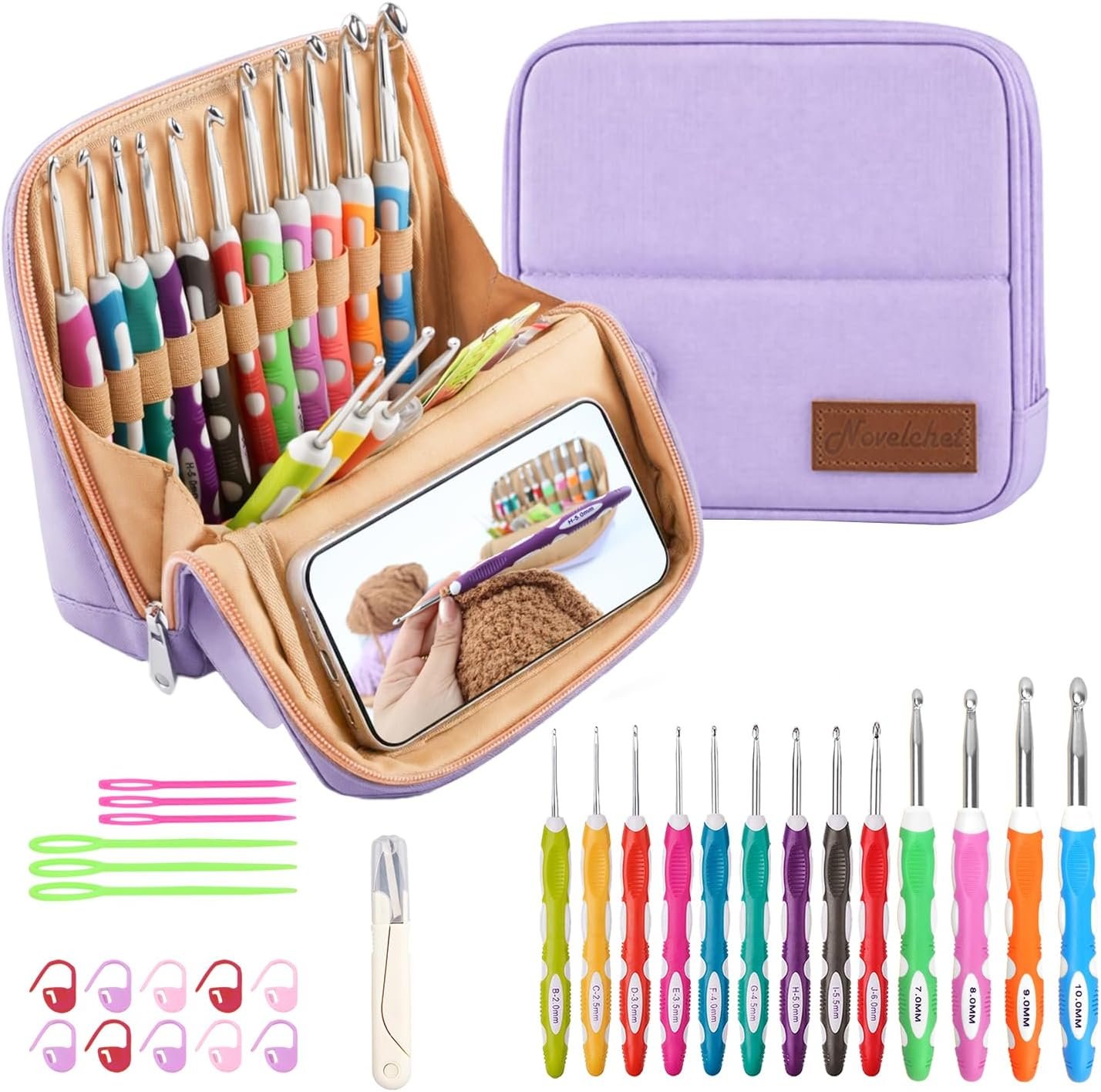 Novelchet Ergonomic Crochet Hooks Set, 13 Sizes Crochet Needles for Beginners with Case 2mm(B)-10mm(N) Purple