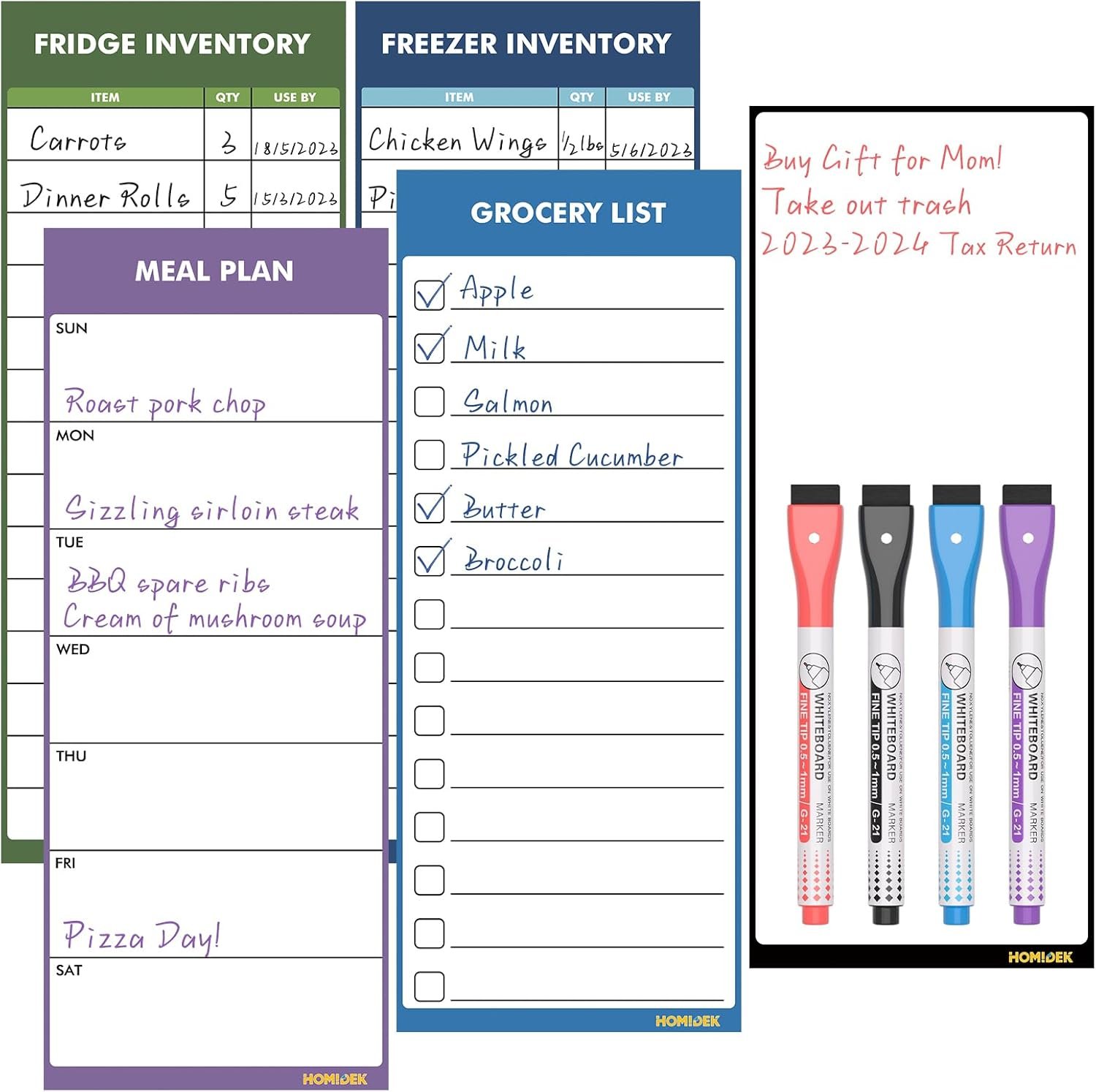 Magnetic White Board for Fridge – Dry Erase Meal Planner for Refrigerator – Weekly Menu Board, Grocery List, Memo Pad, Fridge and Freezer Inventory List – Kitchen Whiteboard with 4 Markers – 4″ x 10″