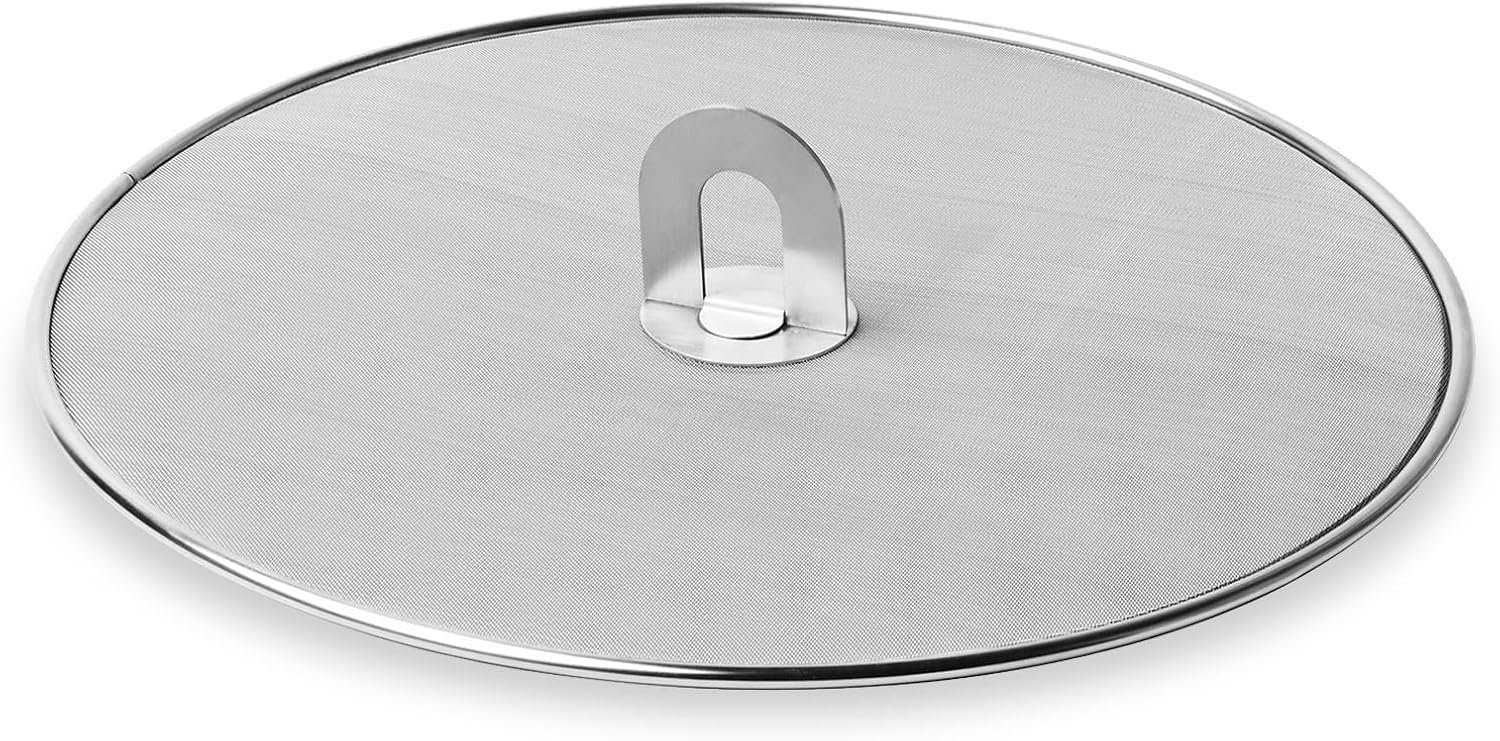 Homestia Splatter Screen for Kitchen, Stainless Steel Fine Mesh Splatter Screen for Frying Pan, 10” Grease Splatter Guard with Fold Flat Knob