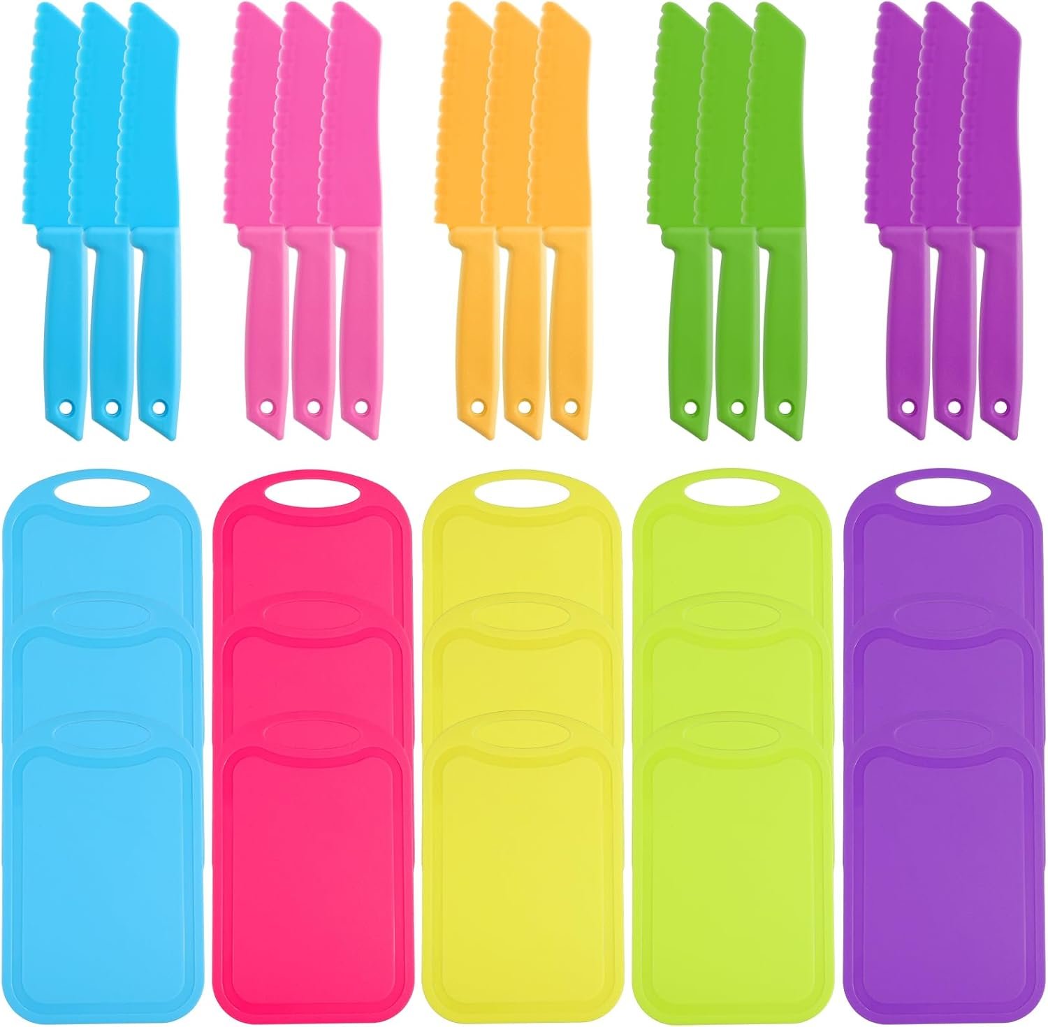 Kifmurase 30 Pcs Kids Plastic Knife Set with Cutting Board, Plastic Safe Knives Toddler Cutting Board Colorful Toddler Kids Cooking Utensils for Salad Fruit Vegetables