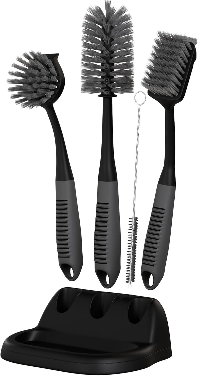 Dish Brush Set of 5 with Holder – Kitchen Scrub Brushes with Non-Slip Long Handle for Cleaning, Scrubber, Dishwashing, Dishes, Bottles, Straws, Cups, Pots & Sink, Black