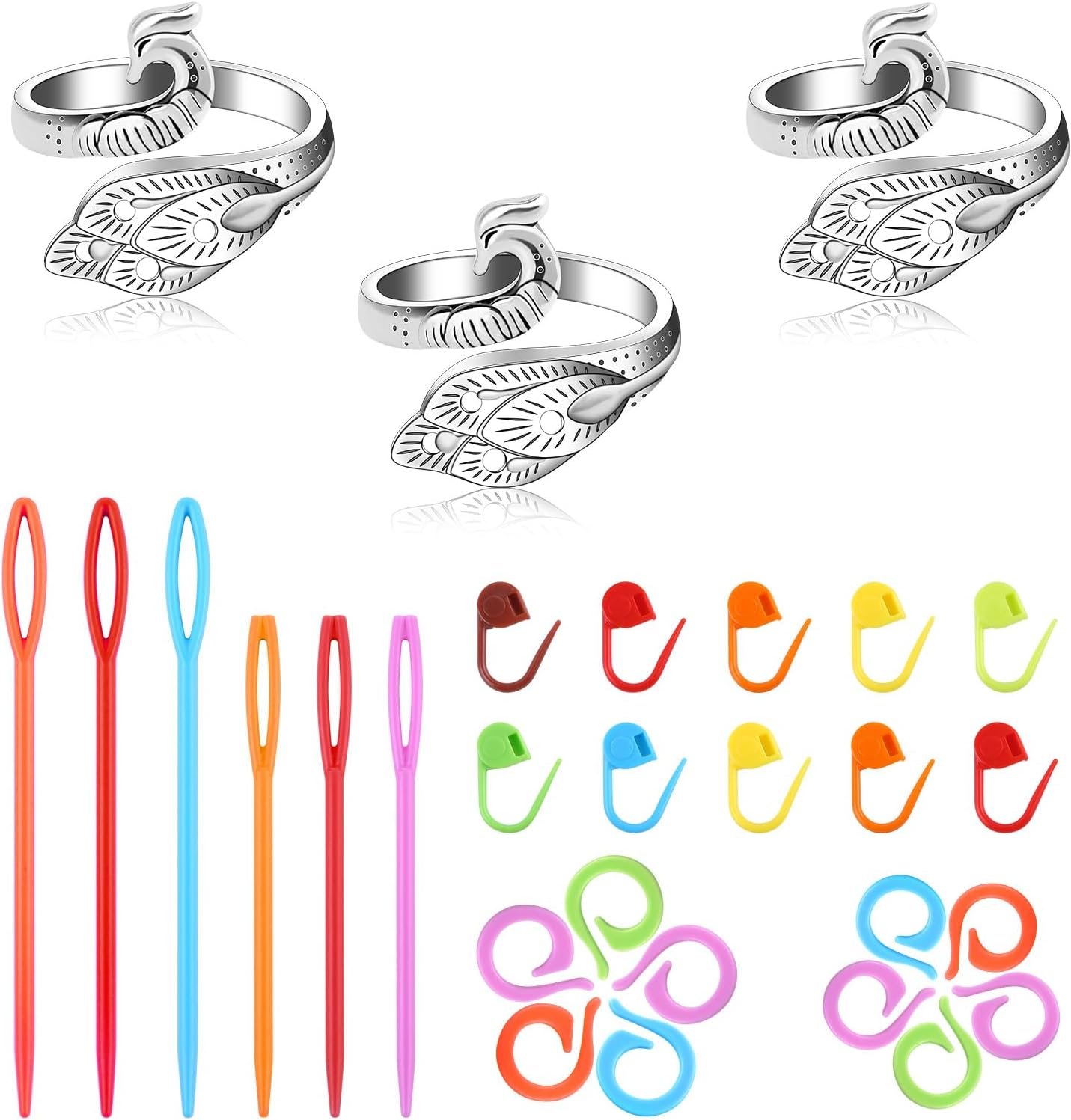 Yizzvb 3 Pcs Crochet Ring+30Pcs Stitch Markers, 6 Large Eye Blunt Needles, Adjustable Tension Rings for Finger Yarn, Knitting & Crochet Accessories Set for DIY Crafts,Crocheters Knitters