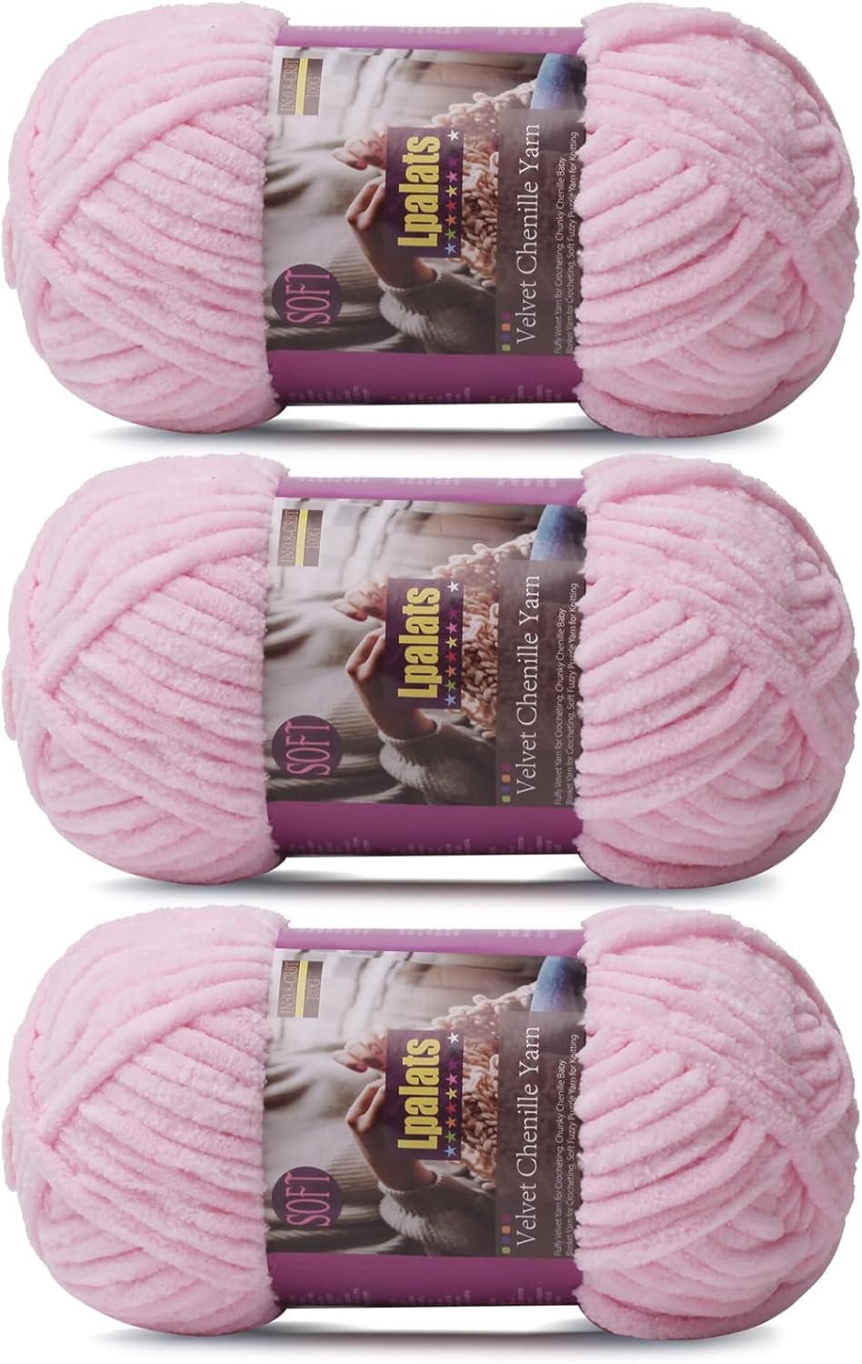Chunky Chenille Yarn for Crocheting – 3x100g/3.5oz Baby Blanket Yarn for Crocheting Soft – 262 Yards Fluffy Thick Plush Yarns for Knitting Blankets Amigurumi (3, Pale Pink)