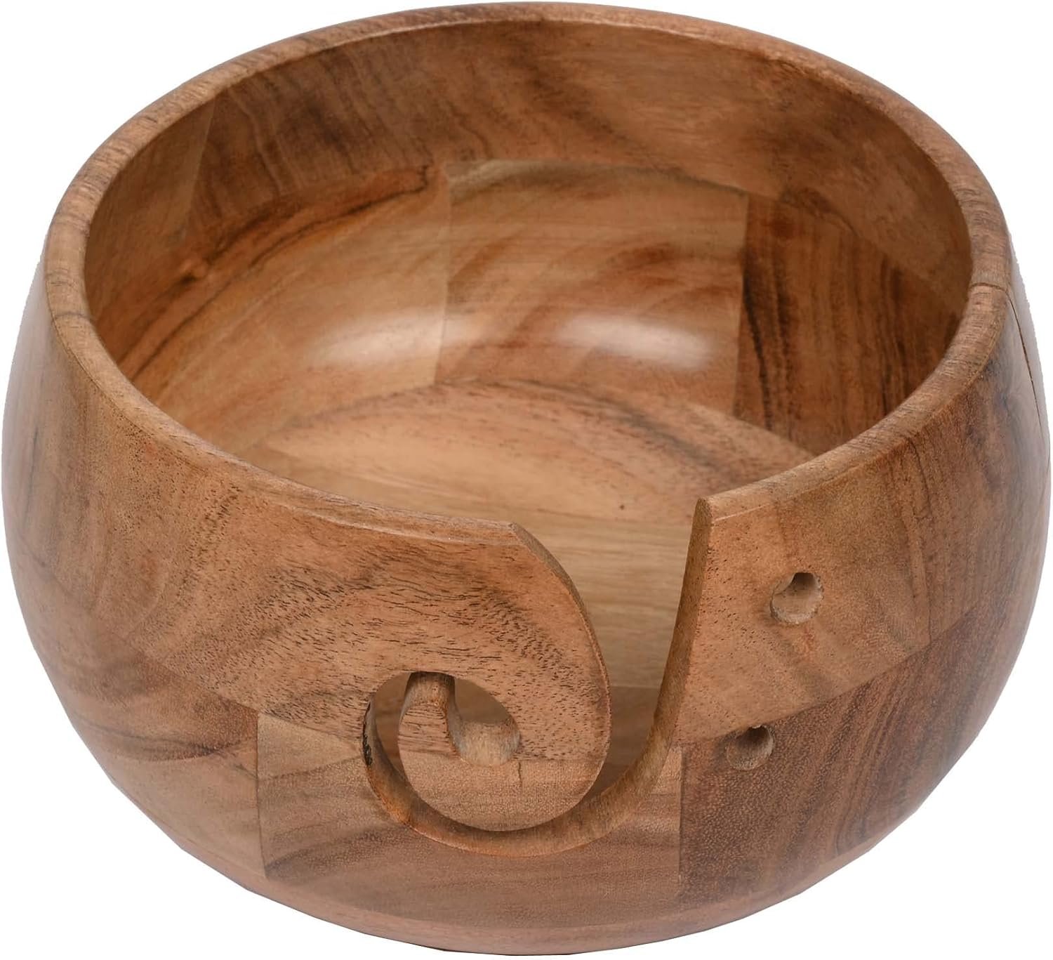 EDHAS Acacia Wood Yarn Bowl Holder | Handmade Holder with Holes | Yarn/Wool/String Storage Accessory (7″ x 7″ x 4″)