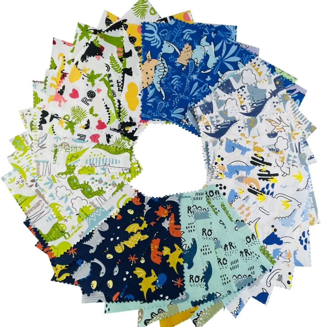 Dinosaur Cotton Fabric Squares for Baby Boy,Charm Packs for Quilting 5 inch,Fabric Scraps for Crafts,Precut Quilt Squares 5×5 (42Pcs) SZRUIZFZ
