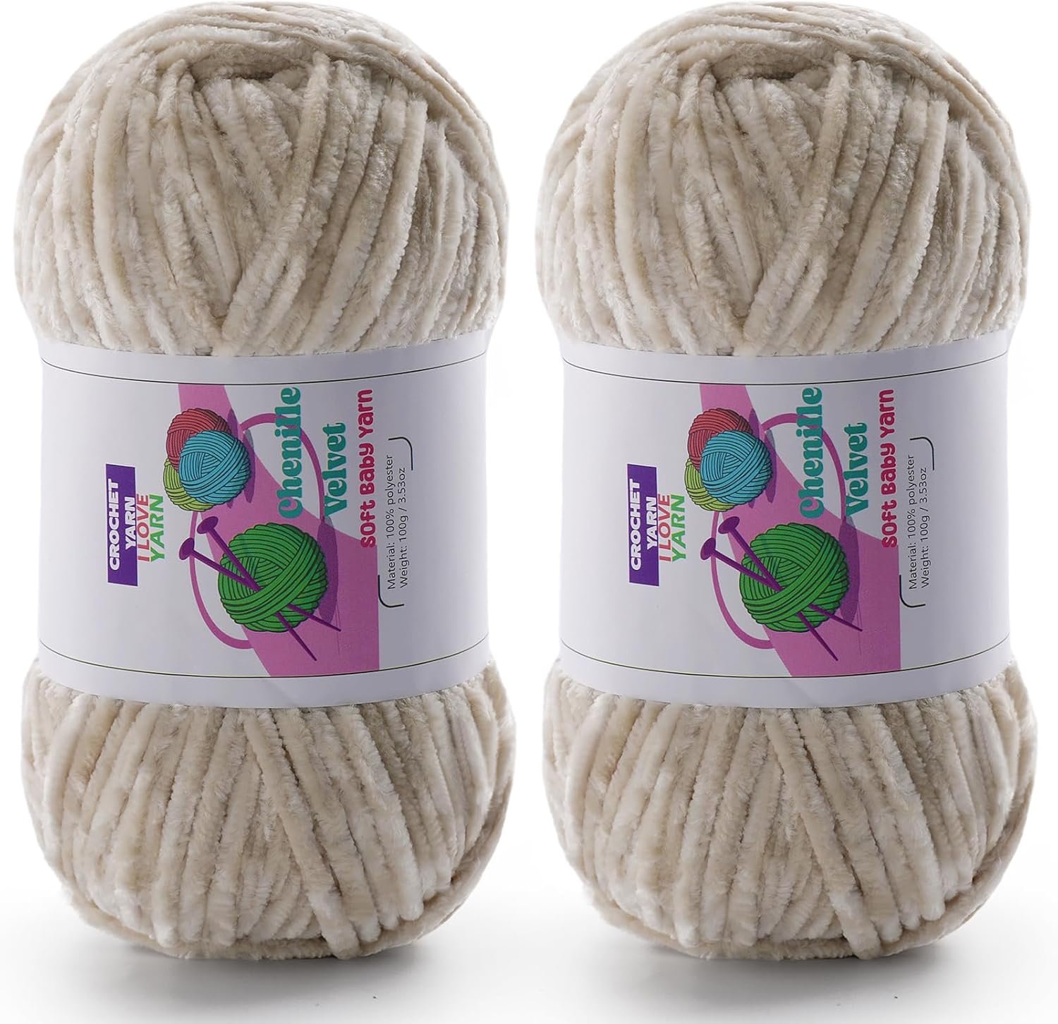 2 Skeins Fluffy Chunky Yarn, Chenille Chunky Yarn for Crocheting and Hand Knitting, Soft Thick Bulky Yarn for Making Blankets, Scarves, Hats（2×3.5oz, 2×131.2yds） (Beige)