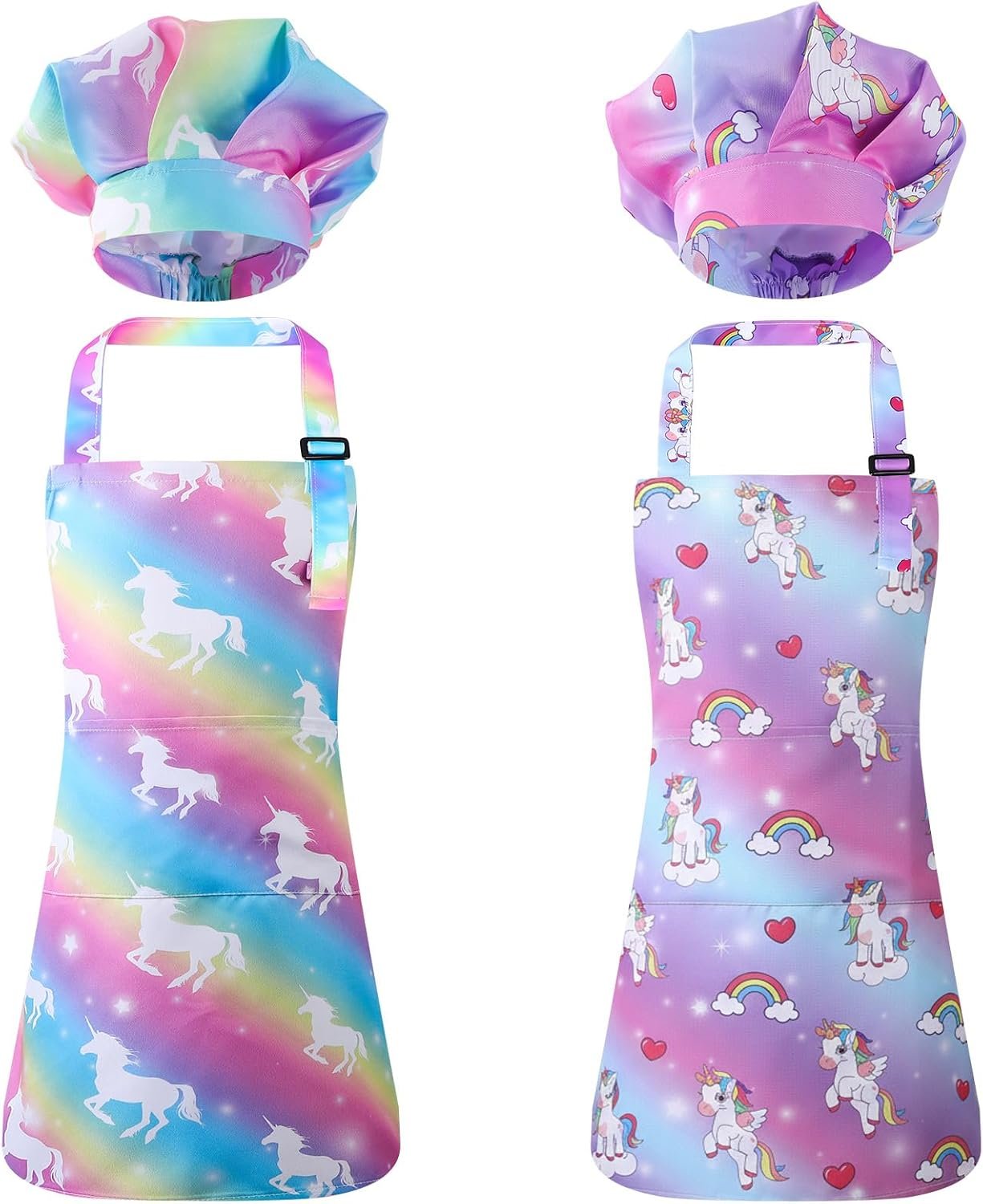 2 Pack Kids Apron and Chef Hat Adjustable Kitchen Cooking Aprons with Pockets for Girls Boys Baking Painting