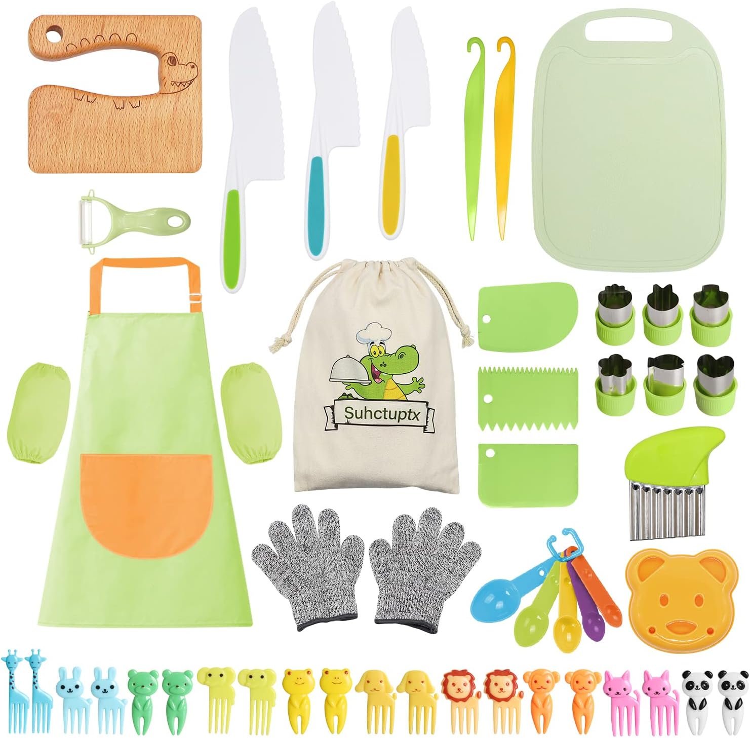 50PCS Kids Kitchen Cooking Set – Crocodile Wooden Kid Safe Knife Cutting Board Apron Gloves Fruit Vegetable Crinkle Cutters Peeler Serrated Edges Plastic Toddlers Knives, Kids Knifes for Real Cooking