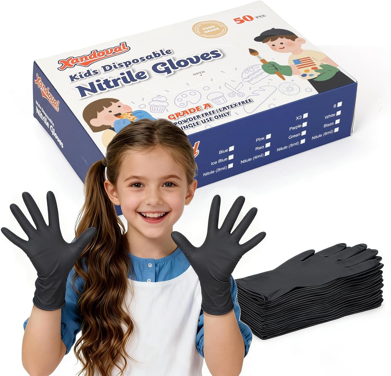 Kids Nitrile Gloves for 6-10 Years, 5Mil Black Disposable Gloves for Work, Cleaning, Cooking, Gardening, Painting, Latex-Free and Powder-Free (S,50PCS)
