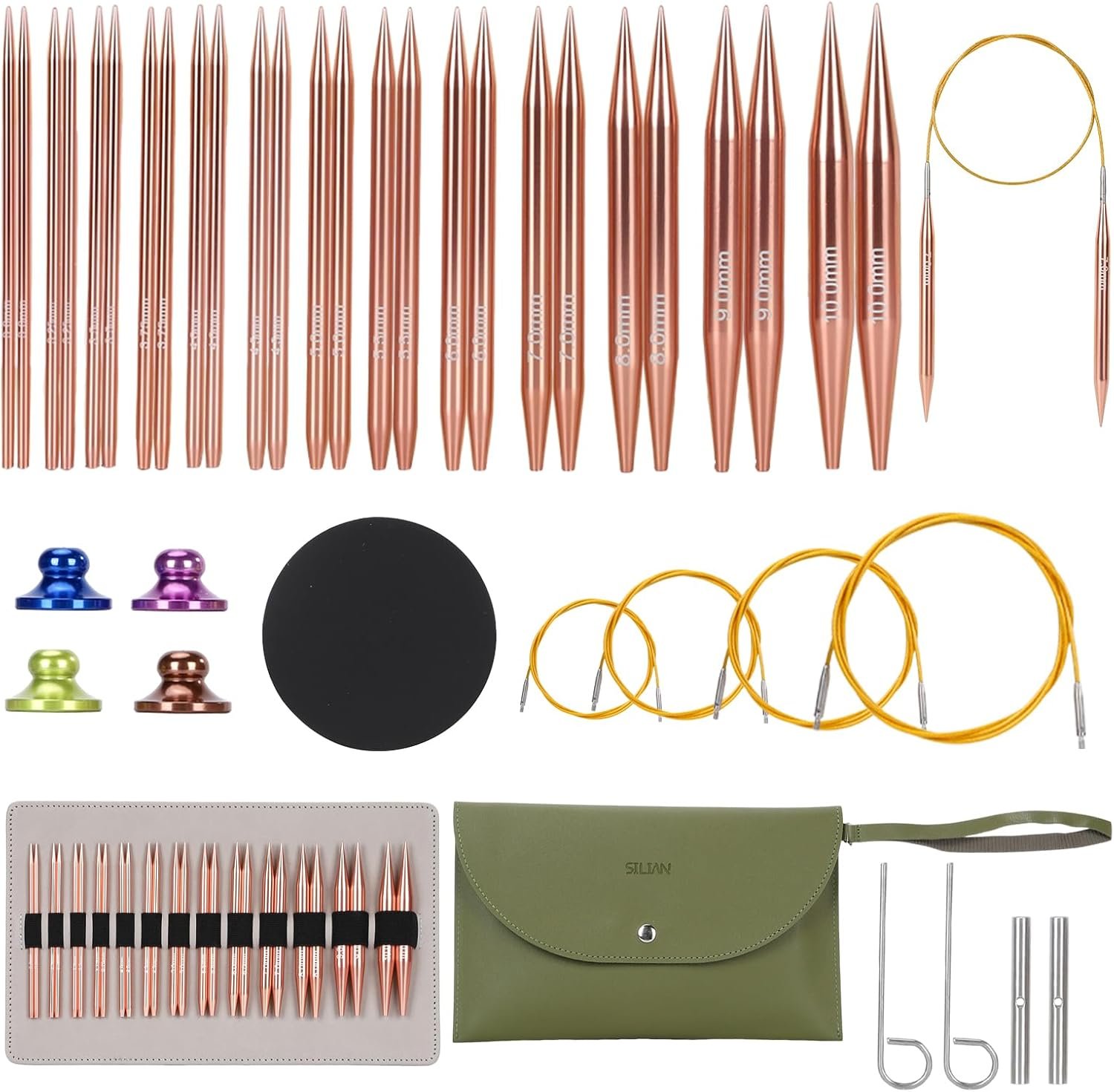 liomey Interchangeable Circular Knitting Needles Set – 13 Pairs (3mm-10mm) with 4 Flexible Cables, Aluminum Needle, Ergonomic Design for Beginners and Advanced Knitters, Rose Gold