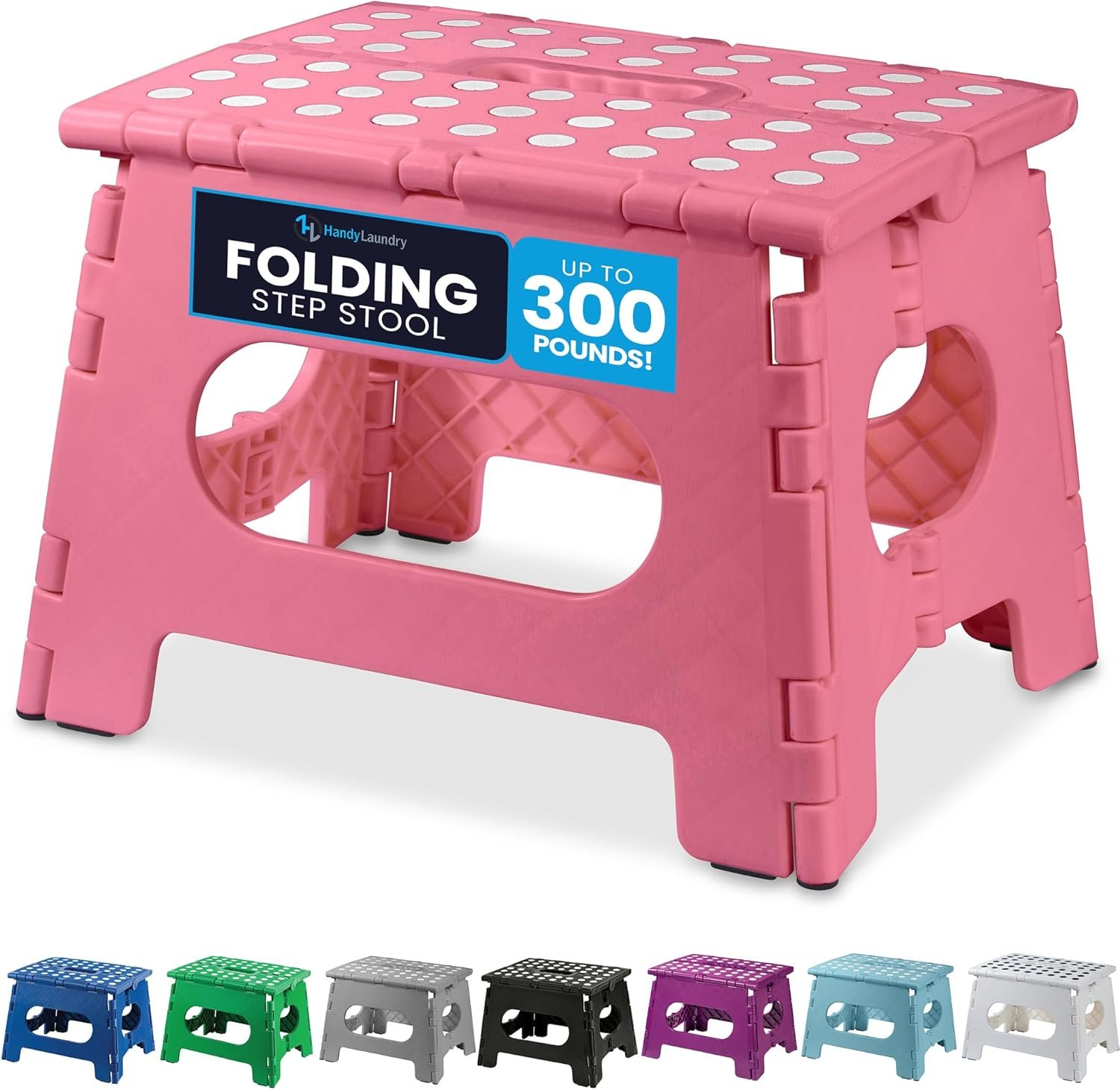 Handy Laundry Folding Step Stool for Adults & Kids, 9 Inch Sturdy Plastic Step Stool Foldable with Handle, Non-Slip, 300 lb Capacity, Lightweight & Compact for Kitchen, Bathroom, Bedroom, Pink