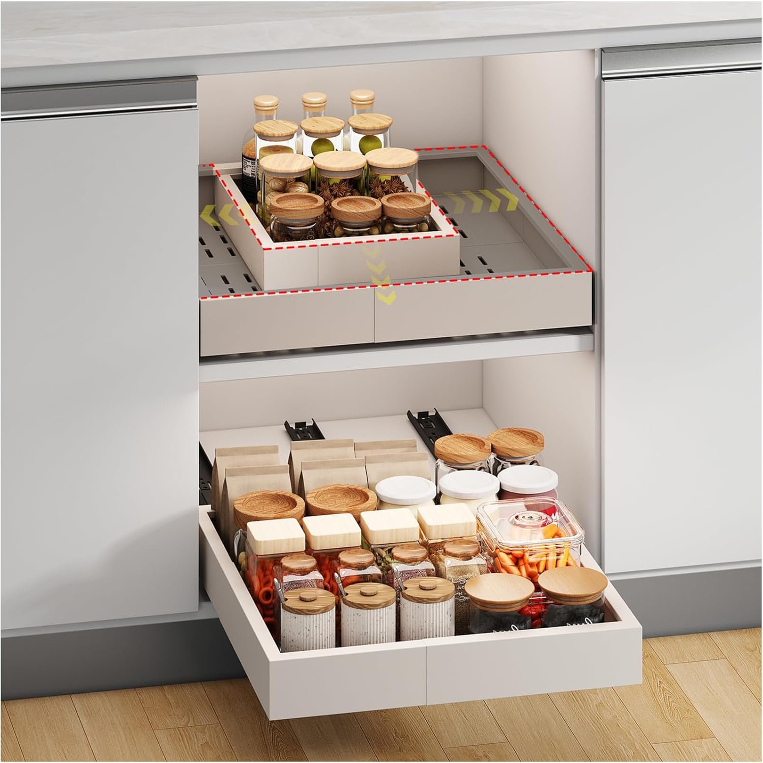 Pull out Cabinet Organizer,3 Sliding Rails,Width (11″-16″),Depth (13″-17″) Expandable,No Drill Adjustable Slide out Drawers for Kitchen,Pantry, Adhesive Roll out Shelves,for Cabinets Without Lip,White