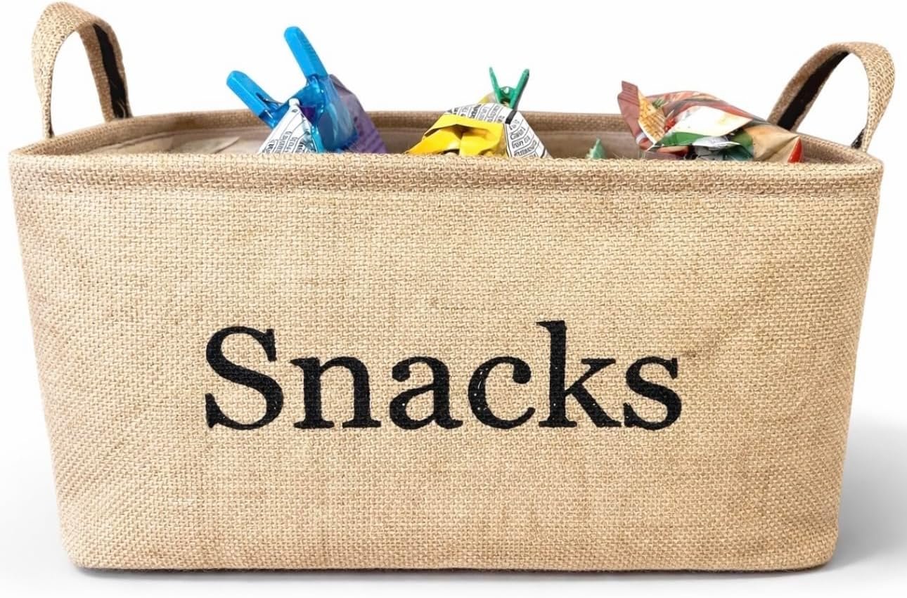 Snack Storage Bin for Pantry – Burlap storage basket for organizing your chips, popcorn, candy, pretzels and more. Kitchen container for treats. Great for movie night or for kids to grab and go.