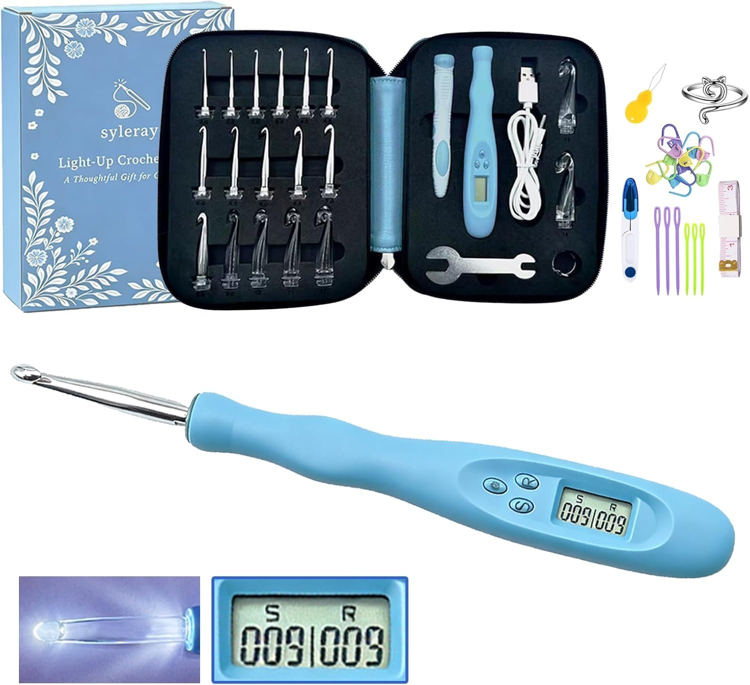 Light Up Crochet Hooks Set with Digital Stitch/Row Counter,18 Interchangeable Hooks (2.0–14.0 mm), Ergonomic Comfort Grip,Dual Light Modes with a Storage Case – A Perfect Gift for Crocheters