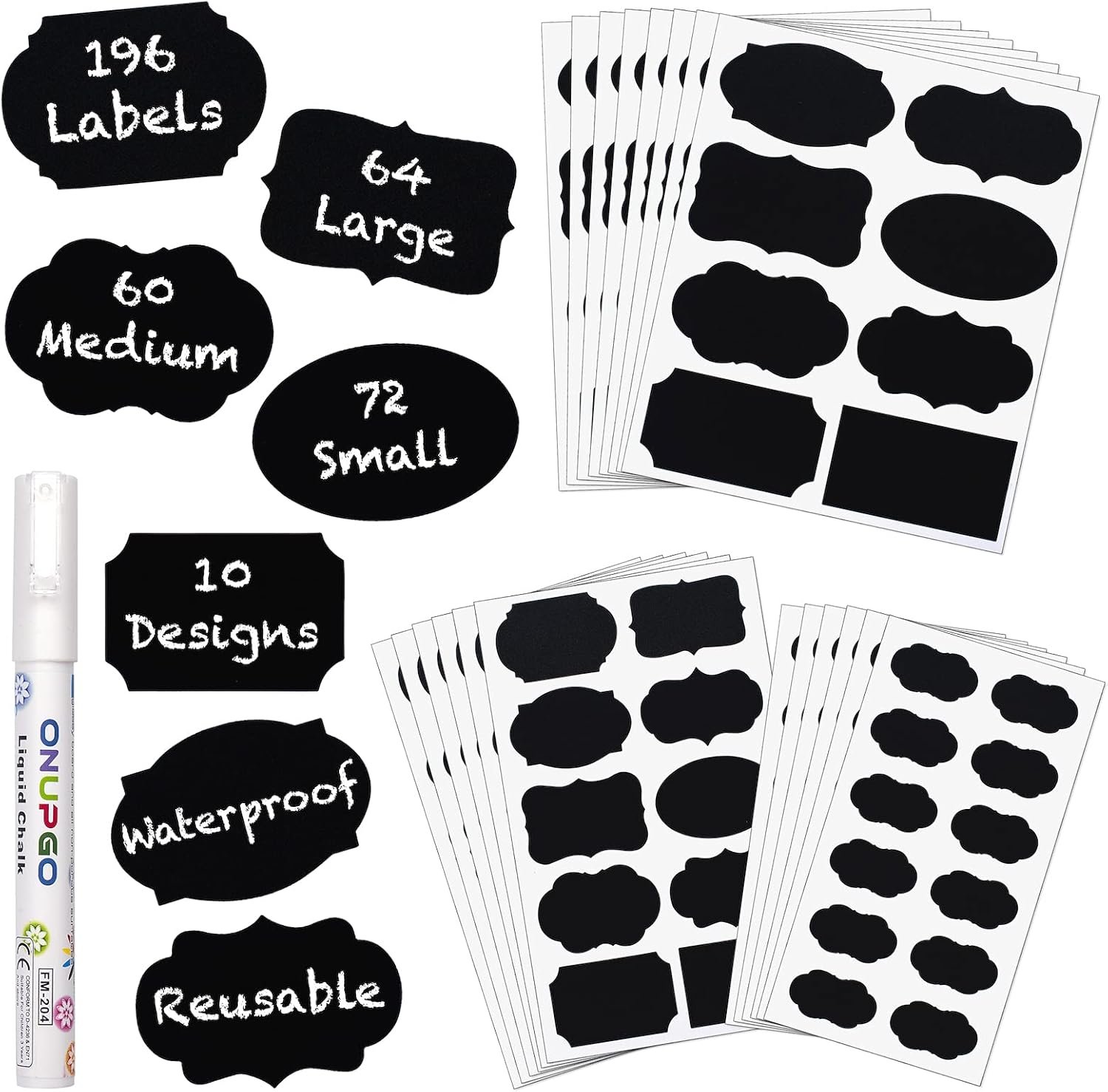 ONUPGO Chalkboard Labels Stickers Bulk – 196 Reusable Chalk Sticker Labels with Erasable Chalk Maker, Removable Waterproof Blackboard Labels for Containers, Glass, Mason Jar Labels