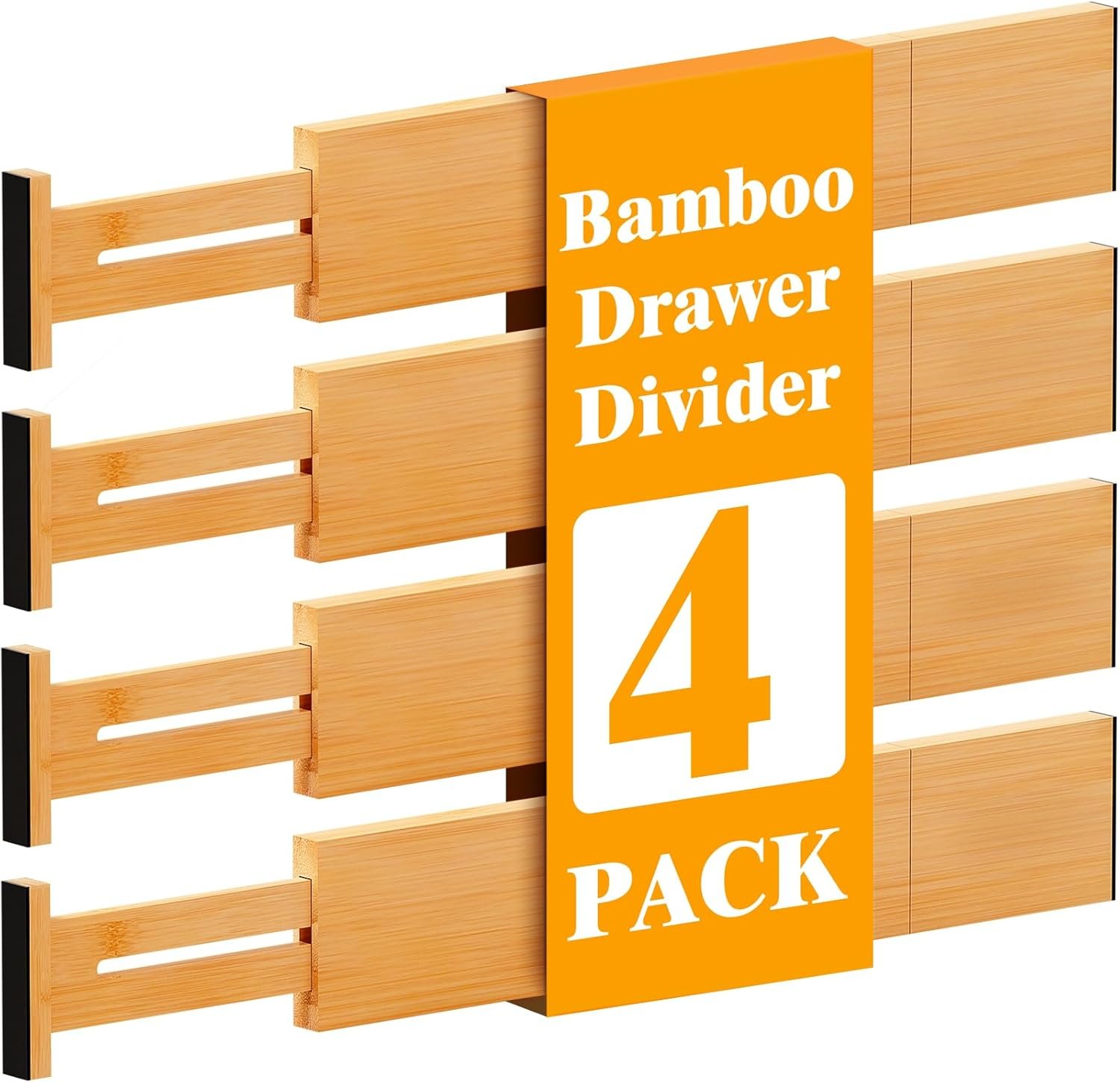 Bamboo Drawer Dividers,12-21″ Adjustable Drawer Organizers for Clothes,Expandable Dresser Separators in Kitchen/Bedroom/Bathroom/Vanity/Office Organization and Storage,4-Pack