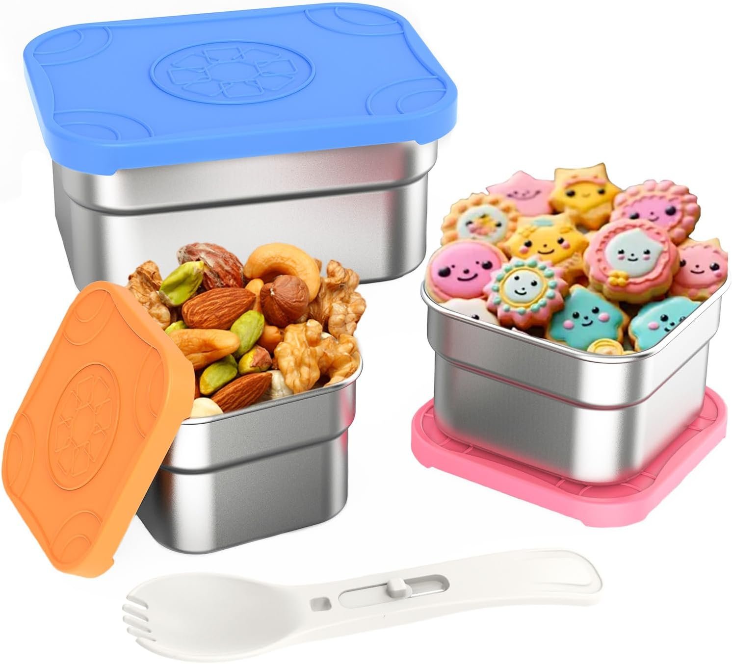 DaCool Stainless Steel Snack Containers for Kids, Easy Open Leakproof Small Toddler Snack Box with Silicone Lid Spork, Stackable Metal Toddler Lunch Box for Daycare School(Totally 24 oz)