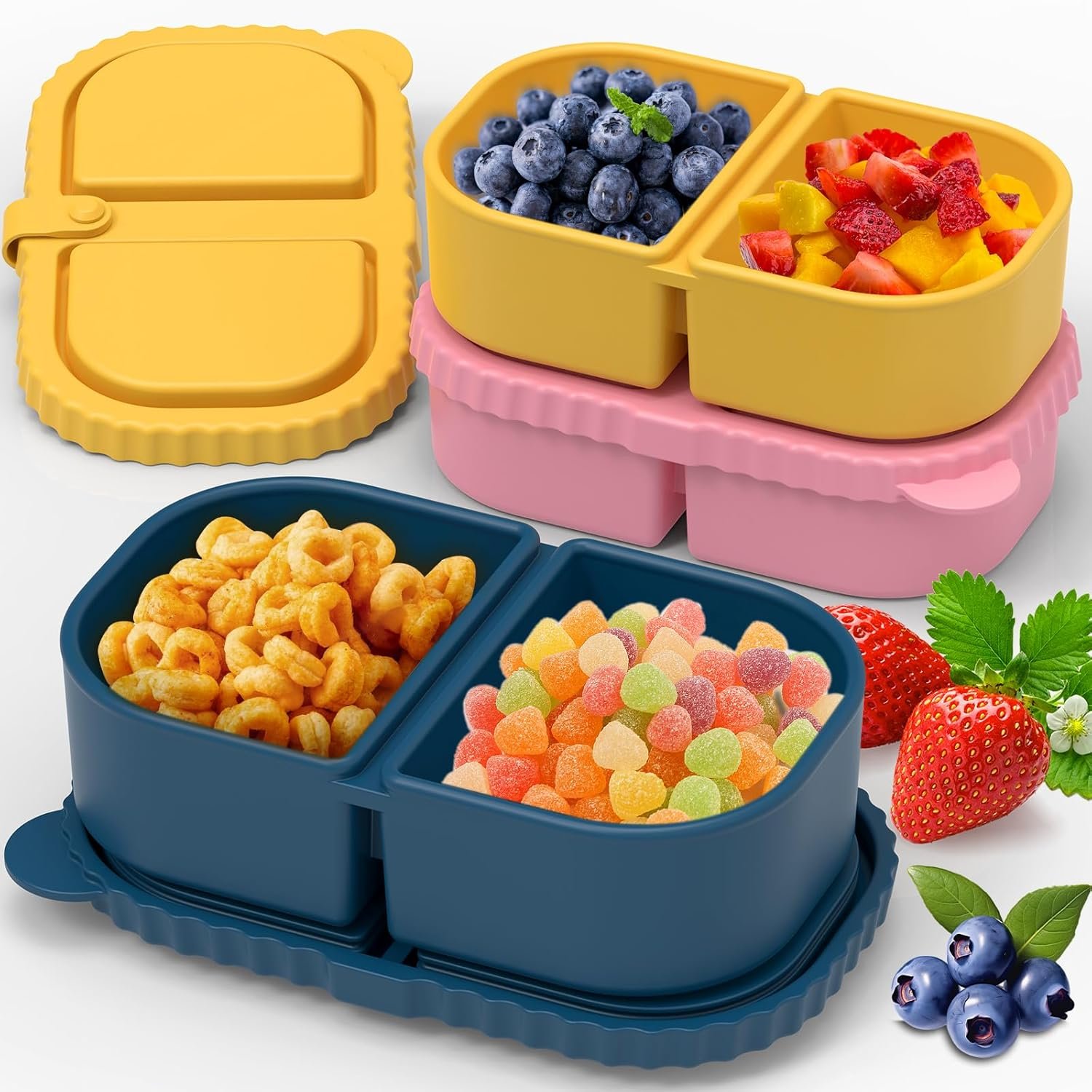 ICEROYCE 3 Pack Reusable Silicone Snack Containers with Lids, 2 Compartment Leakproof Food Storage Containers, BPA-Free Portable Snack Boxes for Lunch, School, Adults