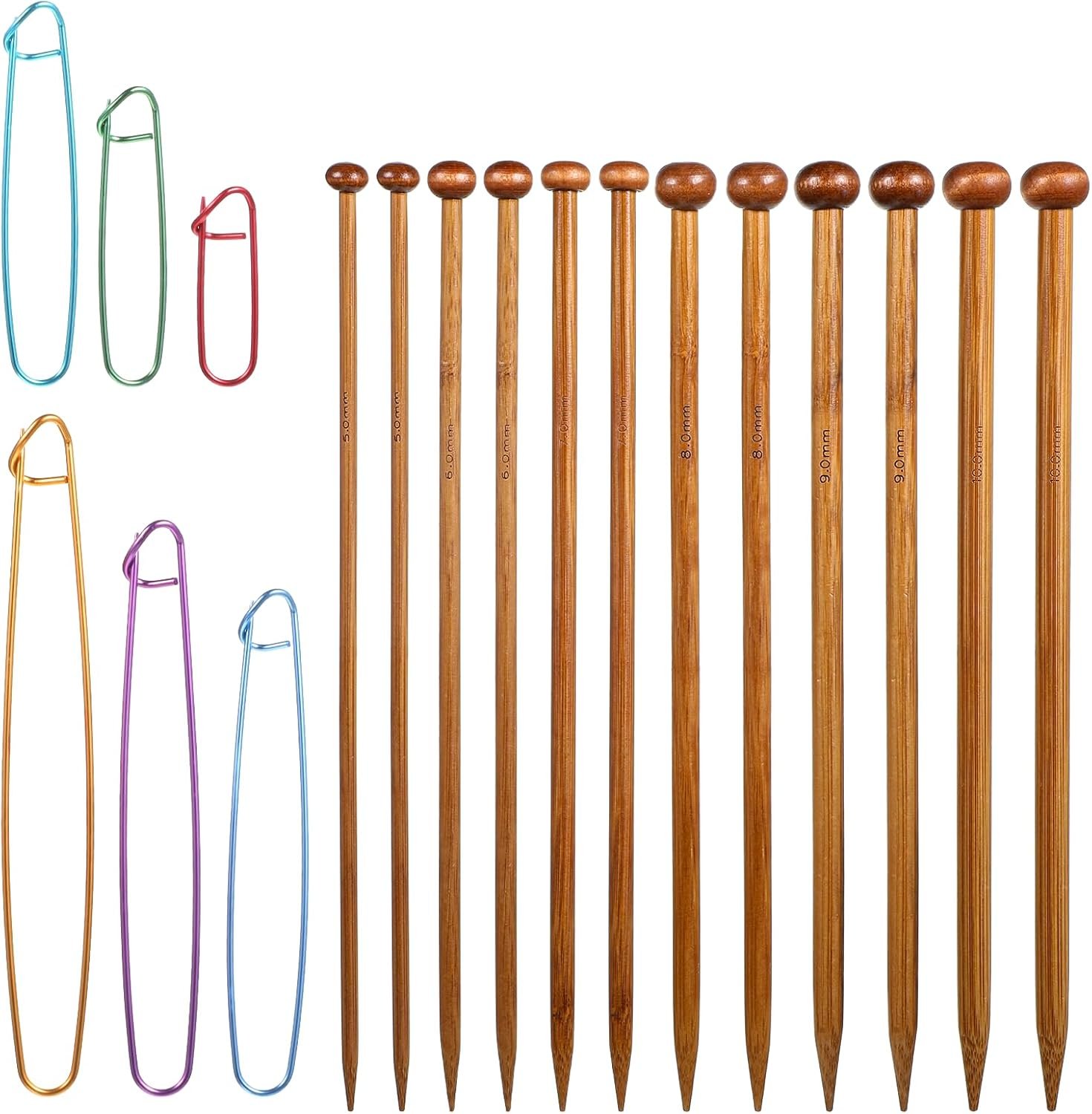 6 Pairs Bamboo Knitting Needles Set, Long Wooden Knitting Needles Single Point 5-10mm Bamboo Needle for Beginners for Making Sweater, Shawl, Scarf