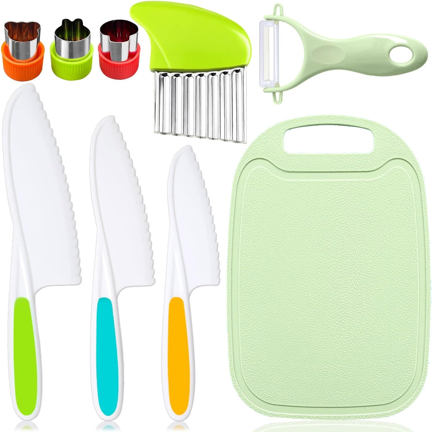 TAORISH 9 Pcs Kids Kitchen Knife Set, Kids Knives For Real Cooking With Cutting Board, Y Peeler, Crinkle Cutter, Sandwich Cutter, Serrated Edges Plastic Toddler Knife Kid Safe Knives