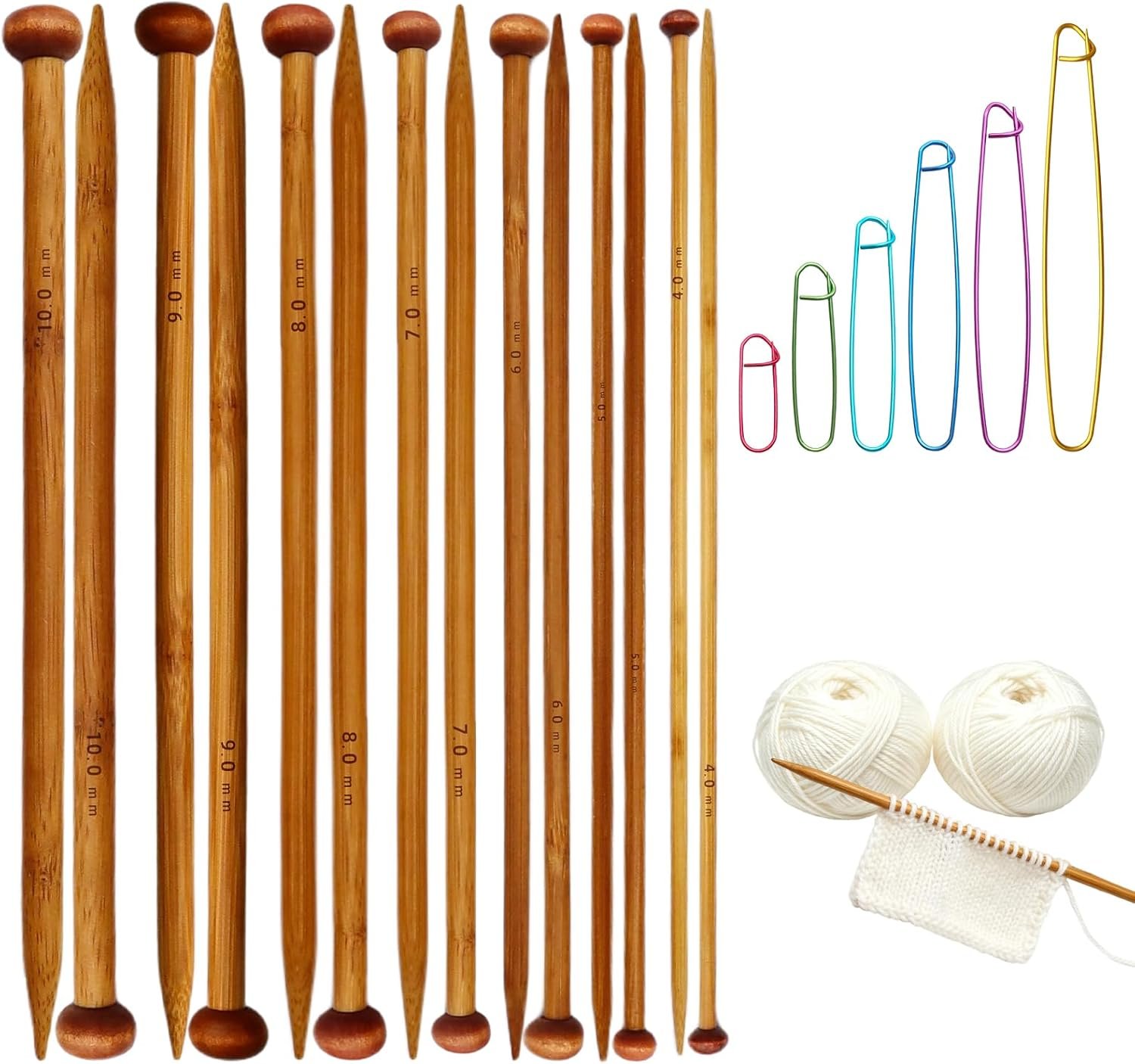Ngdhkd 7 Pairs Bamboo Knitting Needles Set with 6 Pcs Knitted Loop Button Long Wooden Knitting Needle 4-10mm Single Point Wooden Knitting Needles for Scarves Hats Sweater Shawl