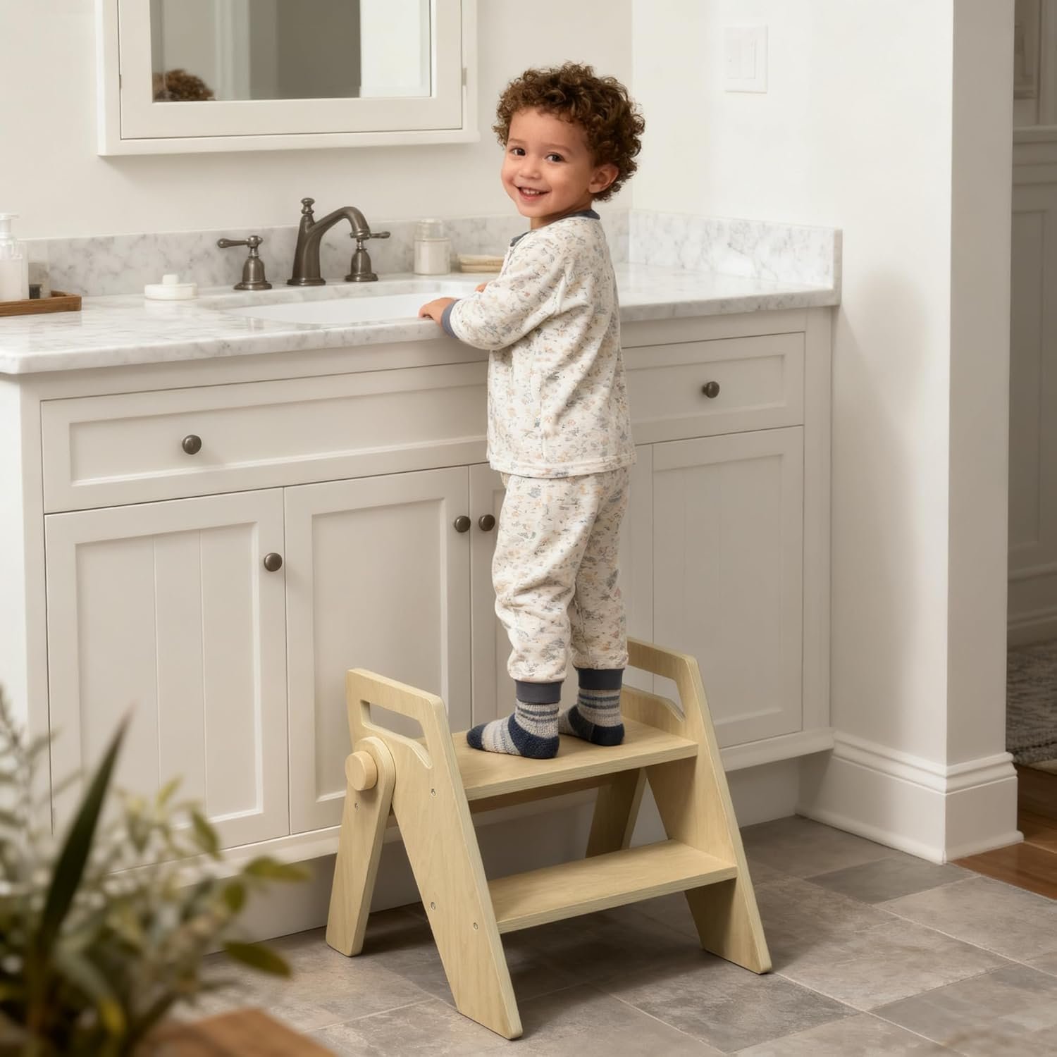 HOMEKOL Toddler Kids Step Stool: Wooden 2 Step Stool for Bathroom Sink Kitchen Potting Training, Foldable with Side Handles, 300 lbs Capacity, Non-Slip A-Frame, Natural Wood Color
