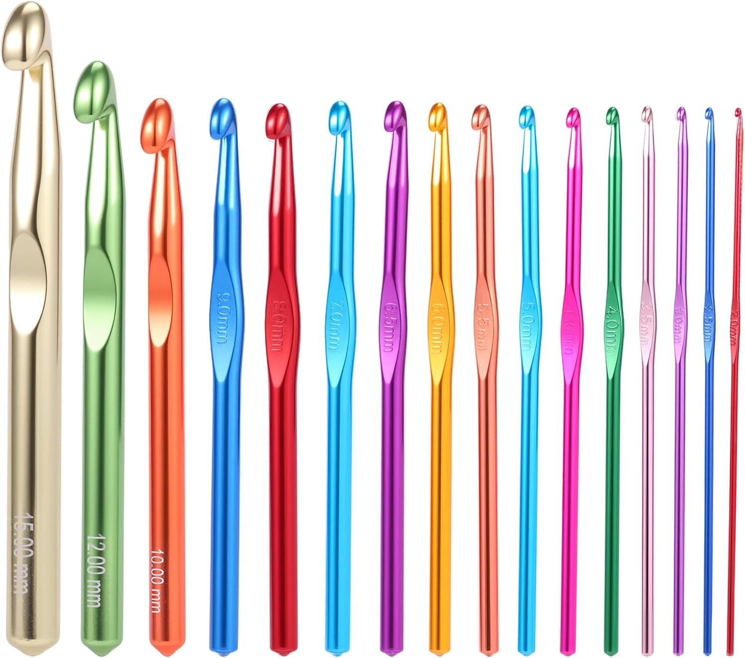 GKINIKG Large Aluminum Crochet Hooks Huge Metal Crochet Hook Set – 16Pcs Crochet Needles for Thick Bulky Yarn Blankets – Beginners Big Crochet Set Size 2mm-6.5mm 7mm 8mm 9mm 10mm 12mm 15mm
