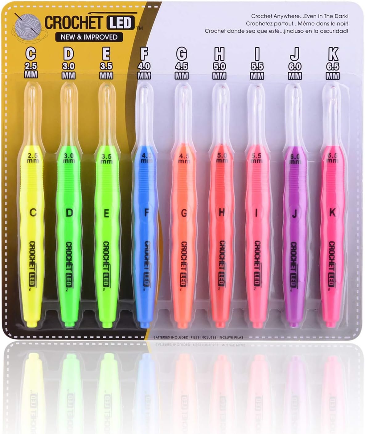Light up Crochet Hooks with LED Light – LED Lite Hooks – Ergonomic Grip Handles & Organizer. Color Coded Illuminated 9 Hooks for Arthritic Hands – Size 2.5mm to 6.5mm (Blister)