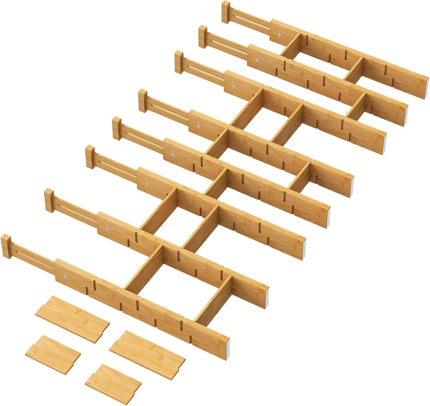 kiplant Bamboo Drawer Dividers – Adjustable Drawer Dividers for Clothes, Kitchen, Closet & Office – 8 Pack with Inserts, 18-22.6 Inches, Non-Slip Silicone Ends
