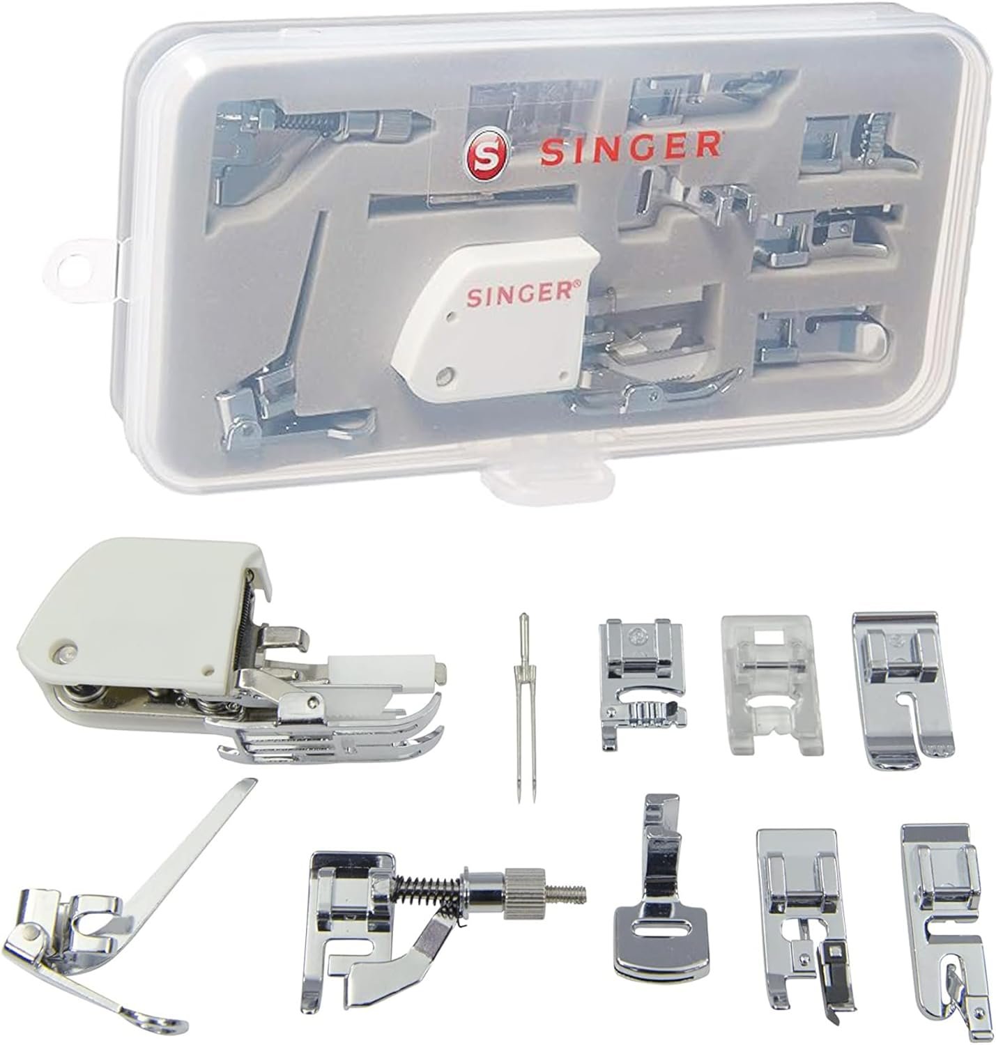 SINGER® 9 Presser Feet Sewing Machine Accessory Kit | Suitable for Low-Shank Household Multi-Function Sewing Machines with Twin Needle | Clear Durable Storage Case | Quilting, Mending, Embroidery