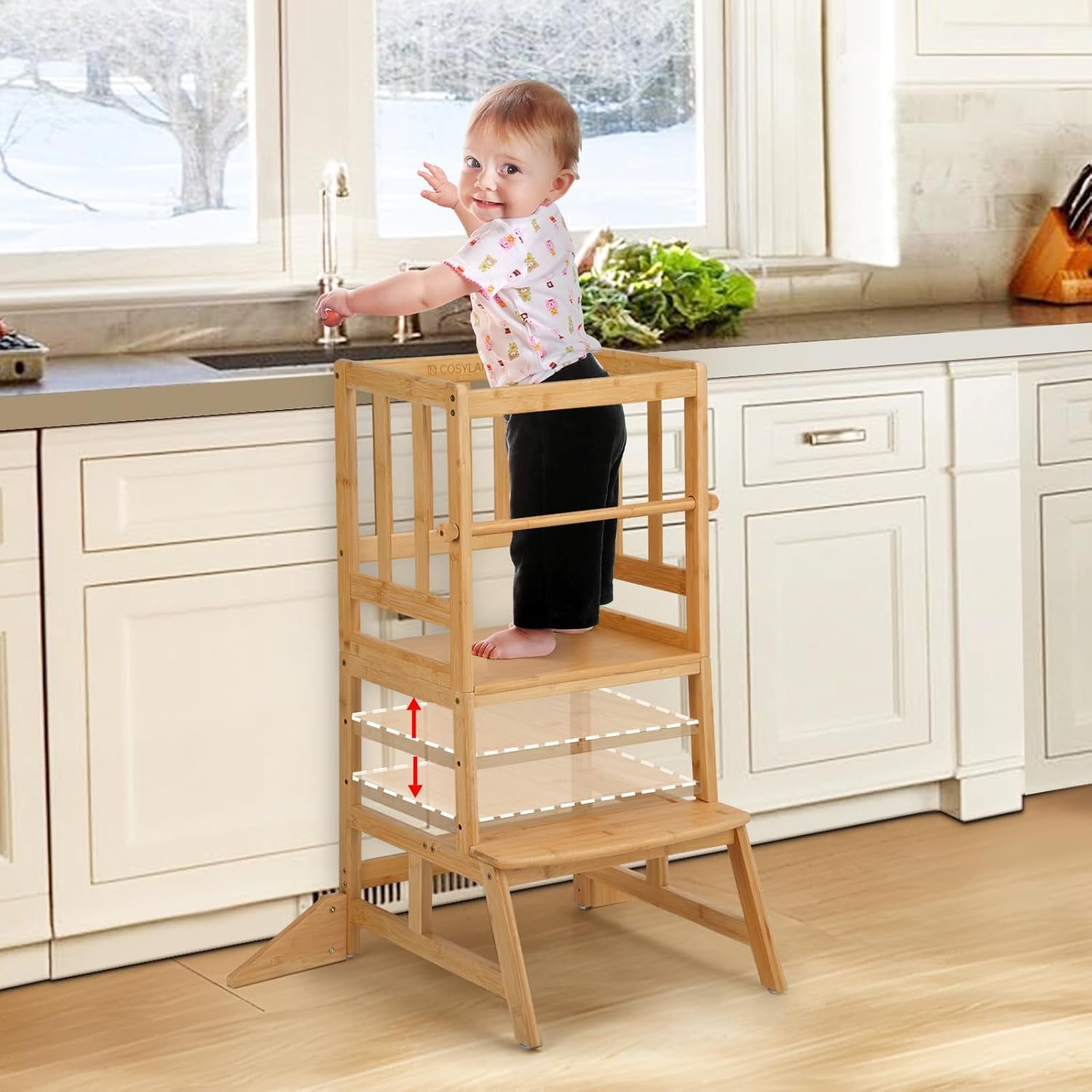 COSYLAND Toddler Standing Tower – Adjustable Height Toddler Kitchen Stool Helper – Kids Kitchen Step Stool for Learning with Removable Safety Railing Natural