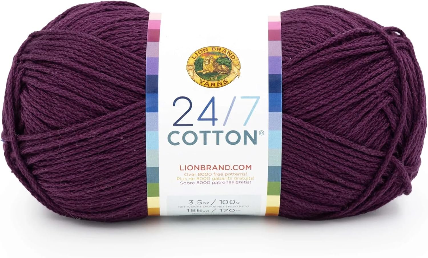 Lion Brand Yarn, 24/7 Cotton Mercerized Lightweight Yarn for Knitting, Crochet, and Crafts, Eggplant, 1 Pack, 185 Yards of Natural Fiber for Breathable Tops, Durable Bags, and Easy-Care Dish Cloths