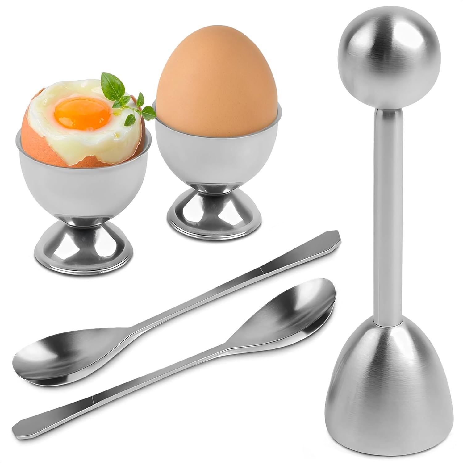 Egg Shell Opener Set – 2 Pcs Egg Cups for Soft Boiled Eggs & 2 Pcs Spoons, Rust-Resistant Stainless Steel, Fits Most Eggs Sizes – Ergonomic Design, Adjustable Effort for Effortless & Precise Cracking