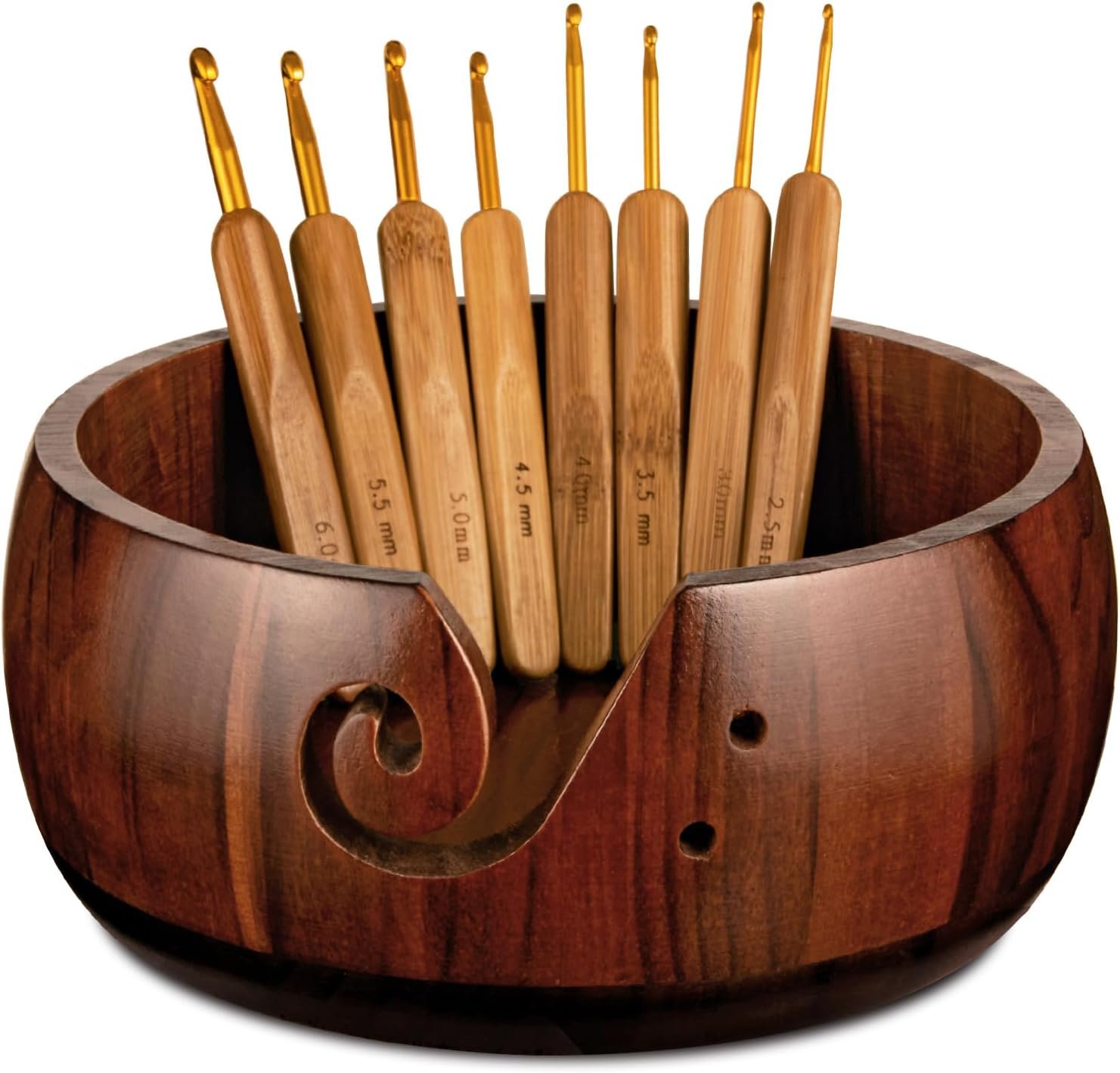 Wooden Yarn Bowl Holder, Craft Knitting Bowl with 8pcs Metal Crochet Hooks, 7.9”Large Yarn Holder Dispenser Yarn Storage Bowls, for Knitters & Crocheters (Brown 7.9 inch)