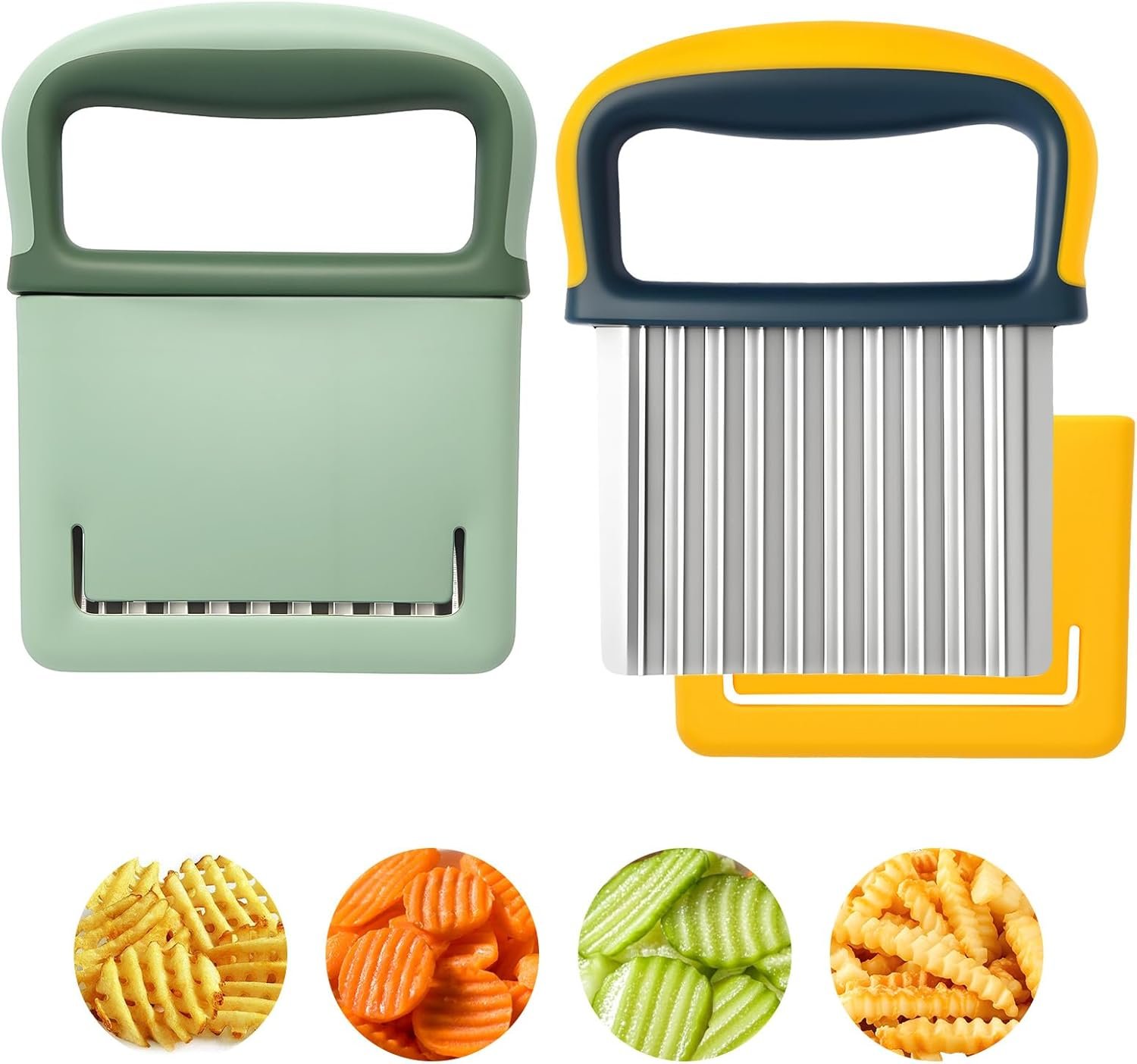 2 Pack Crinkle Cutter Set – French Fry Cutter for Potatoes, Premium Stainless Steel Potato Slicer, Safe Wavy Veggie Slicer with Blade Cover, Space-Saving Crinkle Knife
