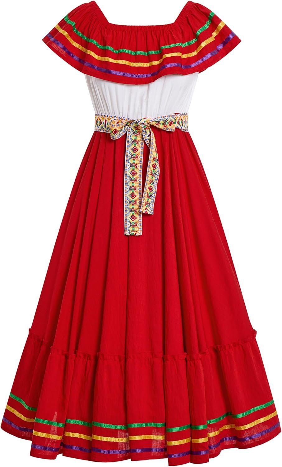 Womens Cinco De Mayo Fiesta Mexican Traditional Folk Ruffle Drape Dress with Belt