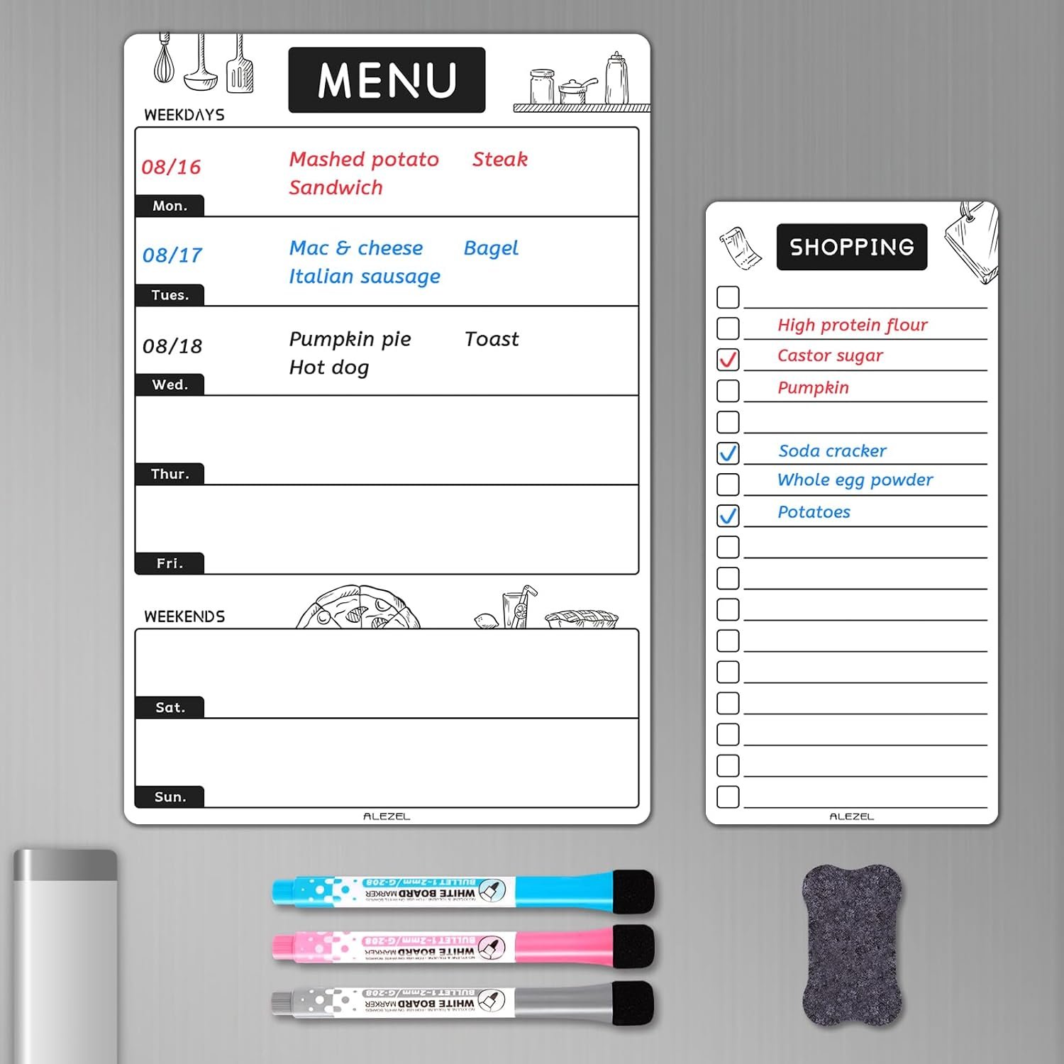 Magnetic Dry Erase Menu Board for Fridge, Weekly Meal Planner Whiteboard Set for Kitchen Refrigerator – Includes 1 Grocery List, 3 Markers + Eraser
