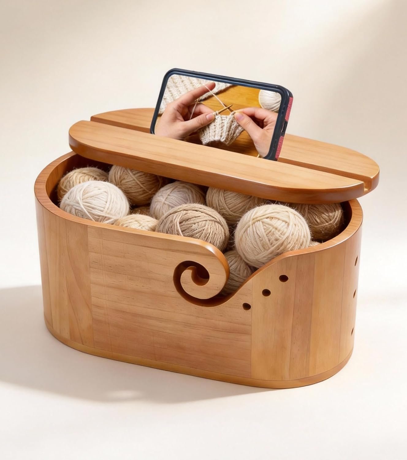 Large Wooden Yarn Bowls for Crocheting, Yarn Bowl for Knitting with Anti-Slip Lid, Crochet Bowl Storage Organizer, 11.3″ x 5.5″ x 5.2″ Oval, Polished Surface, Anti-Tangle, Holds 4-6 Yarn Balls