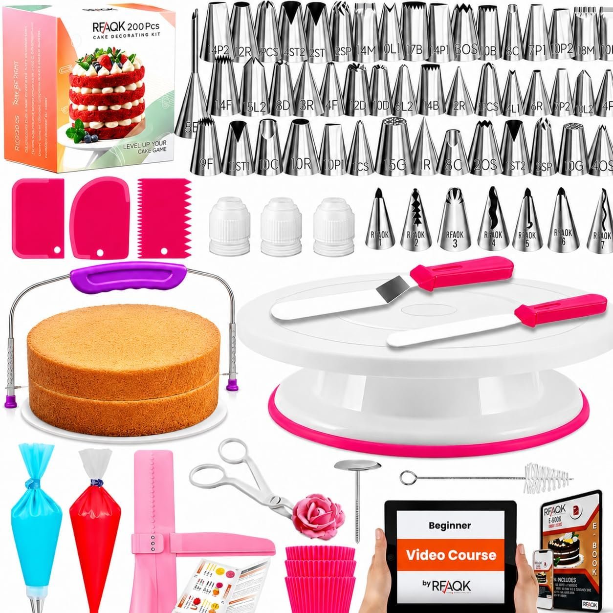 RFAQK 200PCs Cake Decorating Kit with Cake Turntable & Leveler, Baking Supplies Gift Includes 110+1 Piping Bags,55 Icing Tips,2 Frosting Spatulas, Adjustable Scraper, Complete Video Course & much more